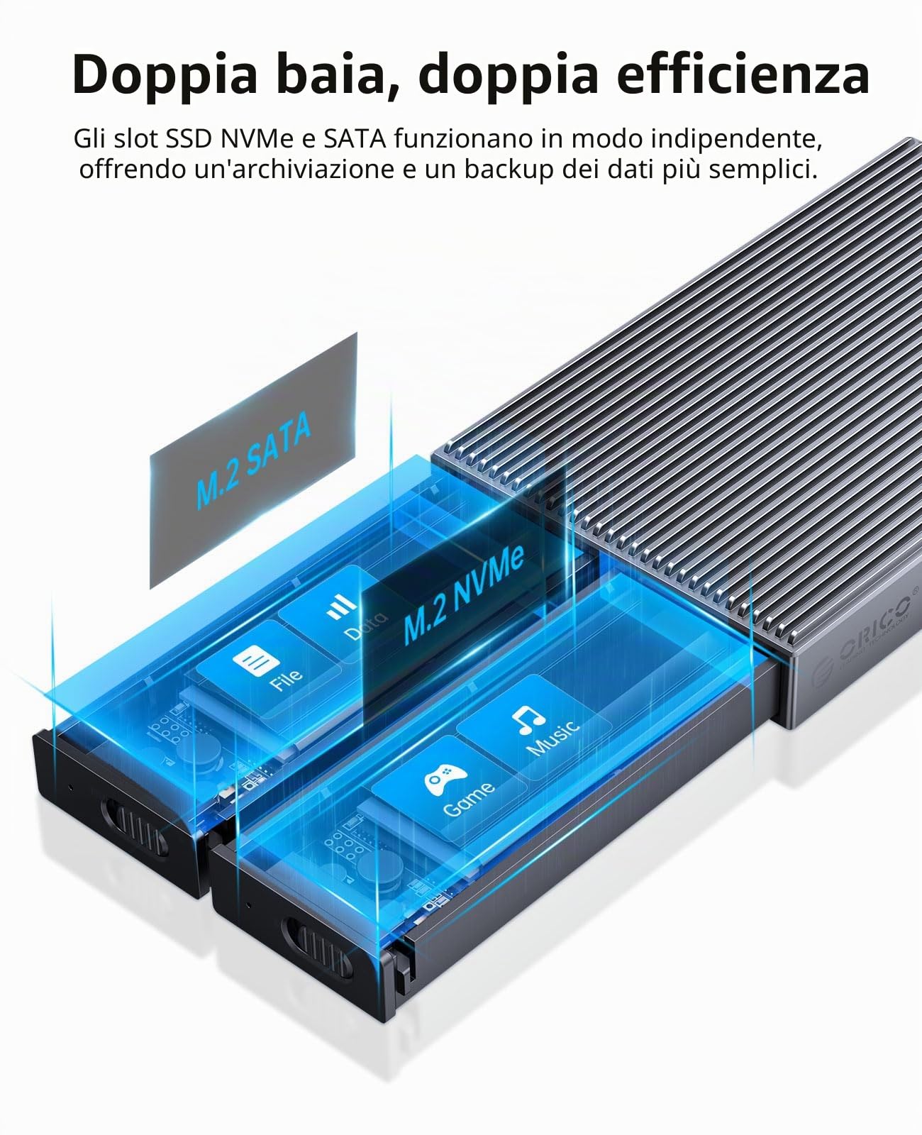 ORICO Case SSD M.2 SATA 6Gbps Adattatore Senza Attrezzi in Alluminio, USB3.2 USB-C per M.2 PCIe NVMe M-Key 2230/2242/2260/2280 SSD, Thunderbolt 3 Compatibile, Supporto per UASP Trim- BM2G2
