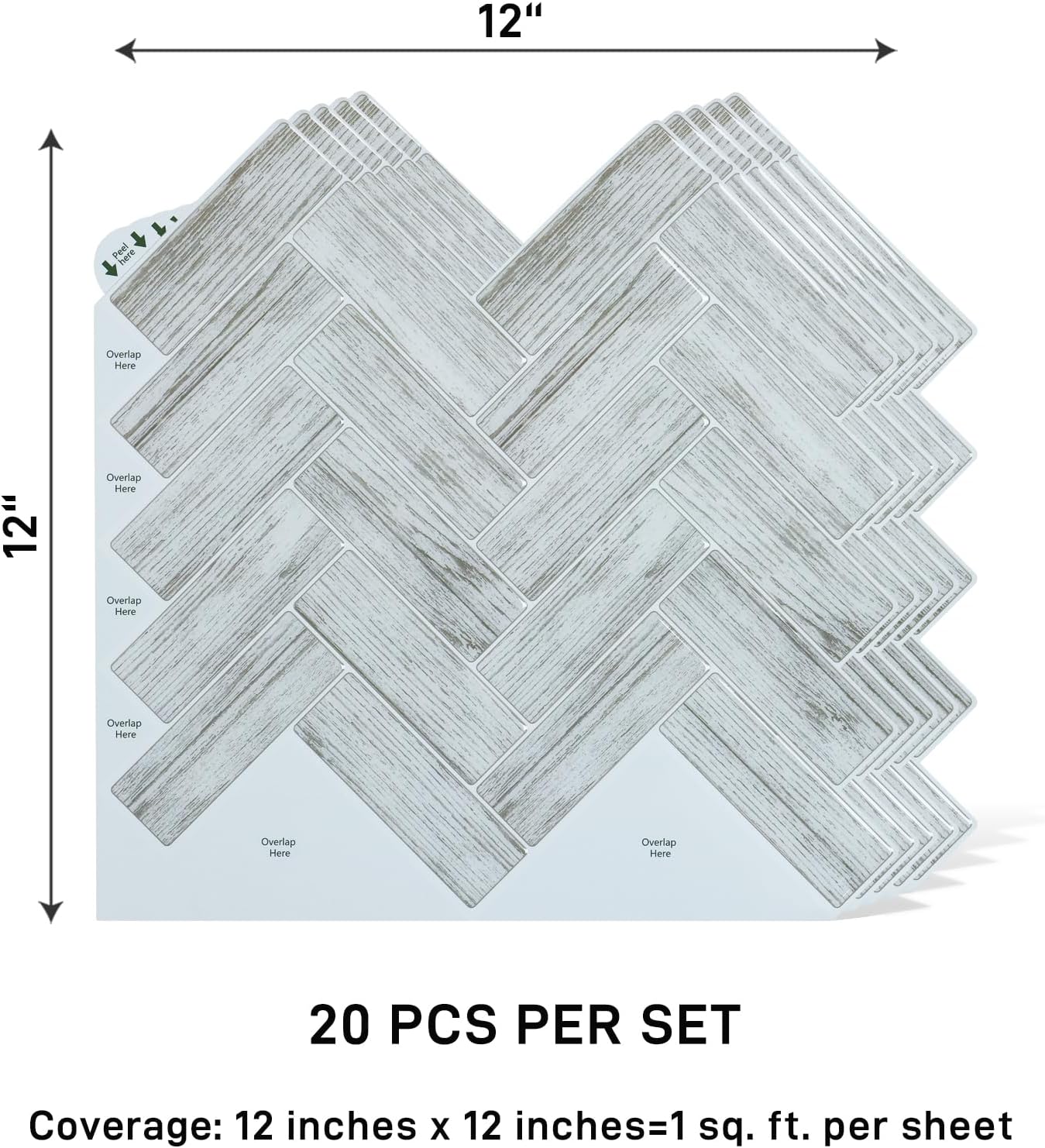 20 Sheets Herringbone Peel and Stick Backsplash Tile for Kitchen Back Splash Stick on Tiles for Bathroom Waterproof Removable Self Adhesive Grey Wood Look Wall Tiles for Fireplace 12''x12''