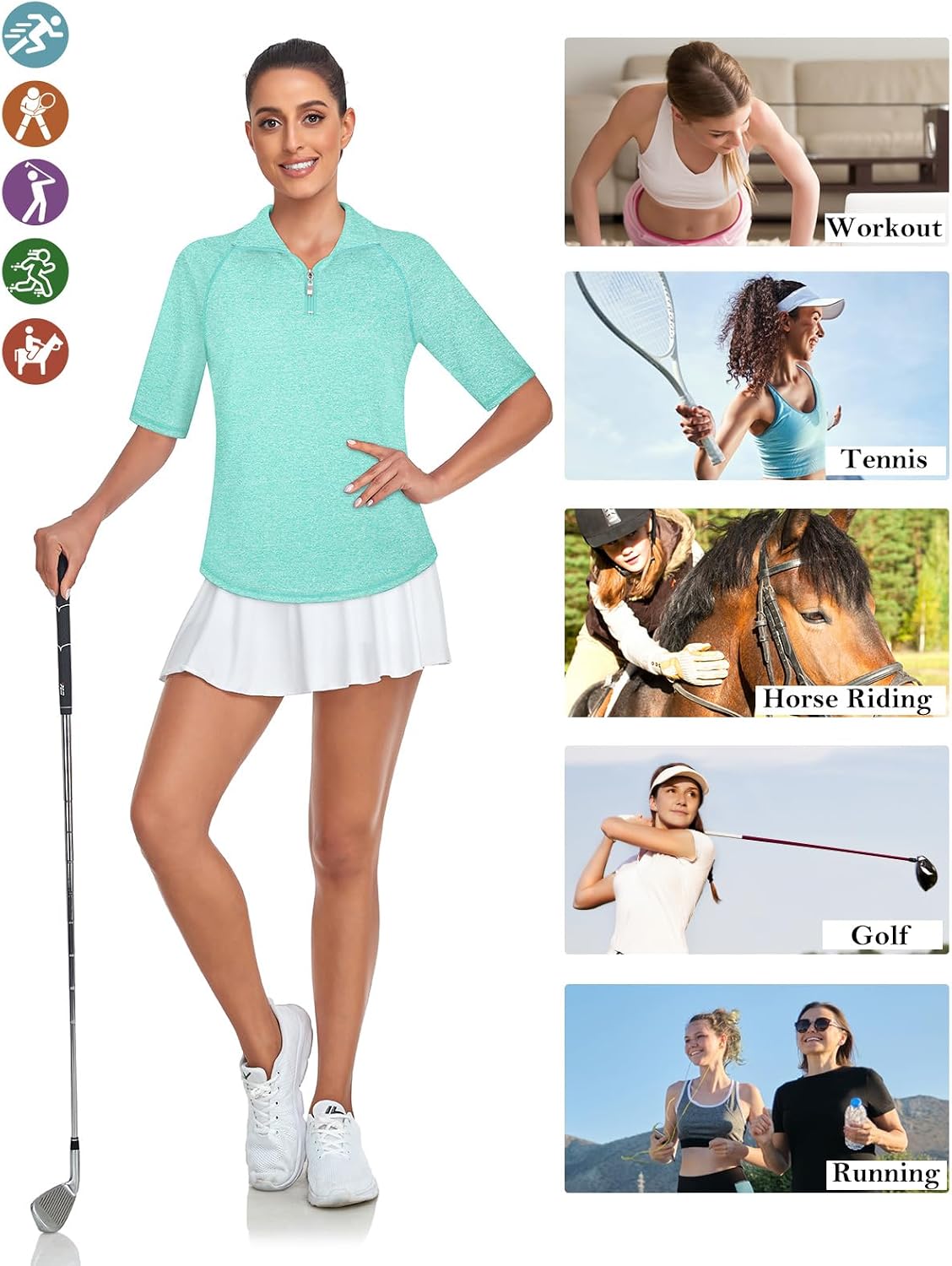 Misyula Womens Golf Shirt Quick Dry Half Sleeve Quarter Zip Polo Workout Tops Tennis Shirts M-3XL