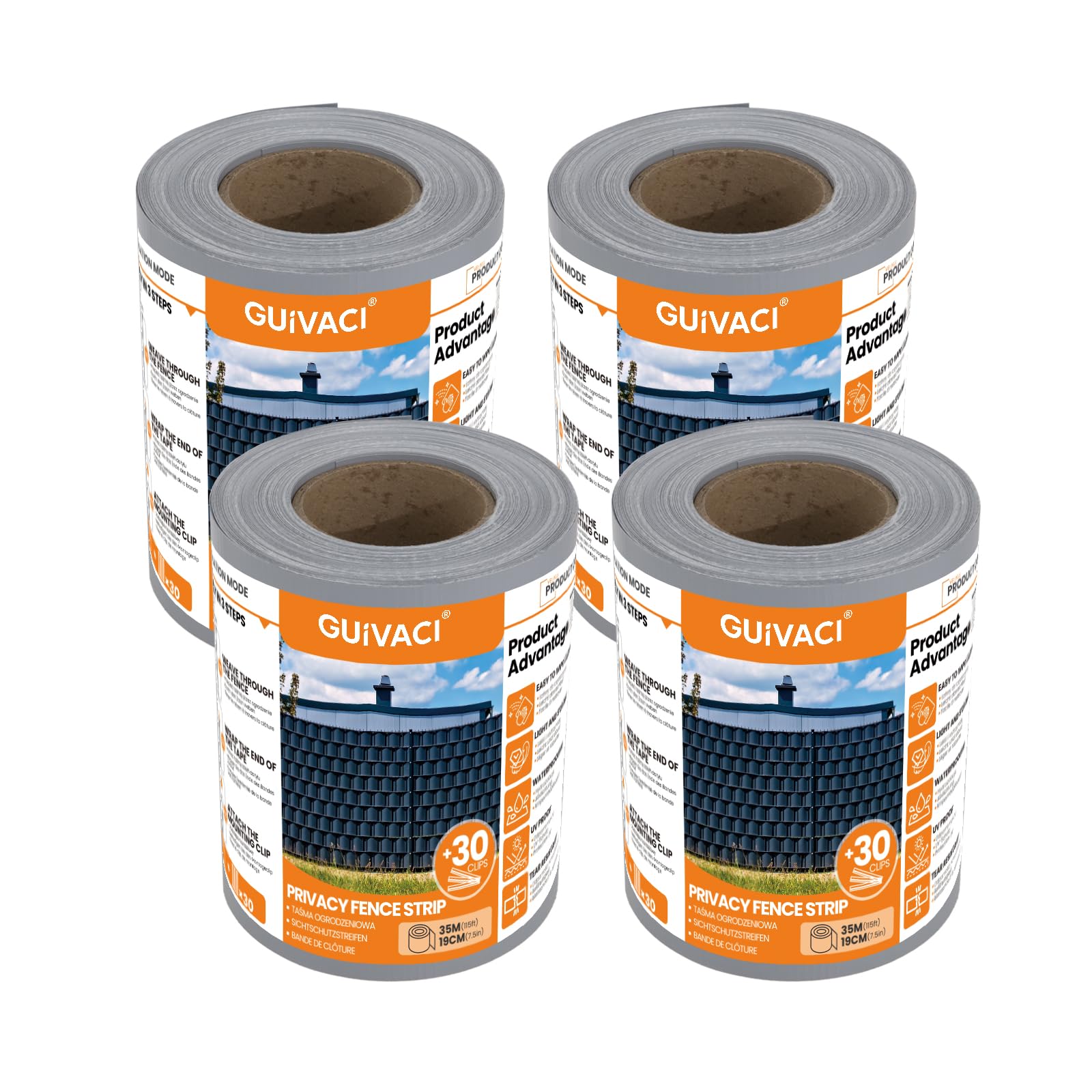PVC Sichtschutzstreifen 4er-Set, 35 m x 19 cm Graue Zaunfolie, Sicht- & Windschutz mit 30 Befestigungsclips, 450 g/m², passend für Doppelstabmatten, Gartenzaun und Balkon