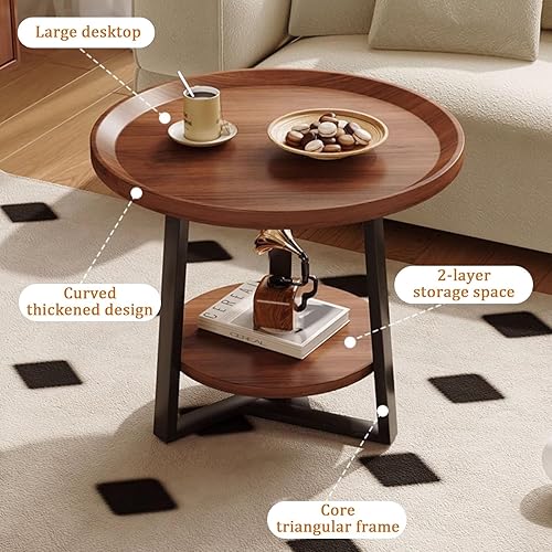 Miniatura 4 de YVYKFZD Mesa auxiliar redonda, mesa central de madera de 2 niveles para sala de estar, mesa de té acanalada con marco de metal, mesa auxiliar de