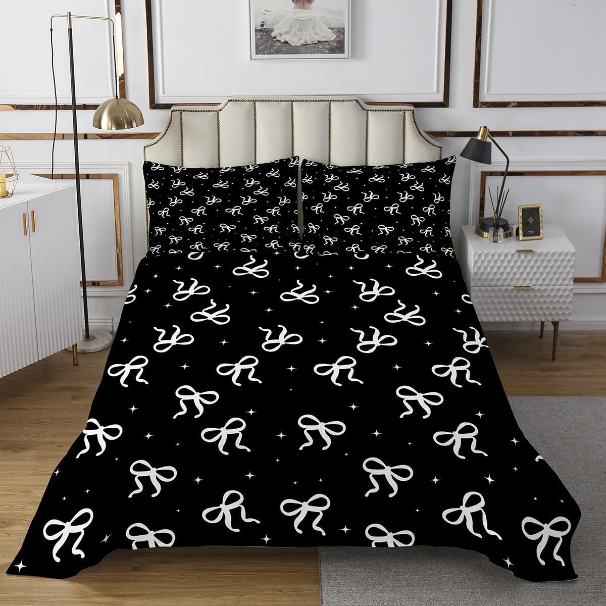 Erosebridal White Black Bow Bedspread Sets Queen Size Simple Bowknot Coverlet Set Cute Dreamy Preppy Bow Bed Set Coquette Aesthetic Bowtie Bedding Set