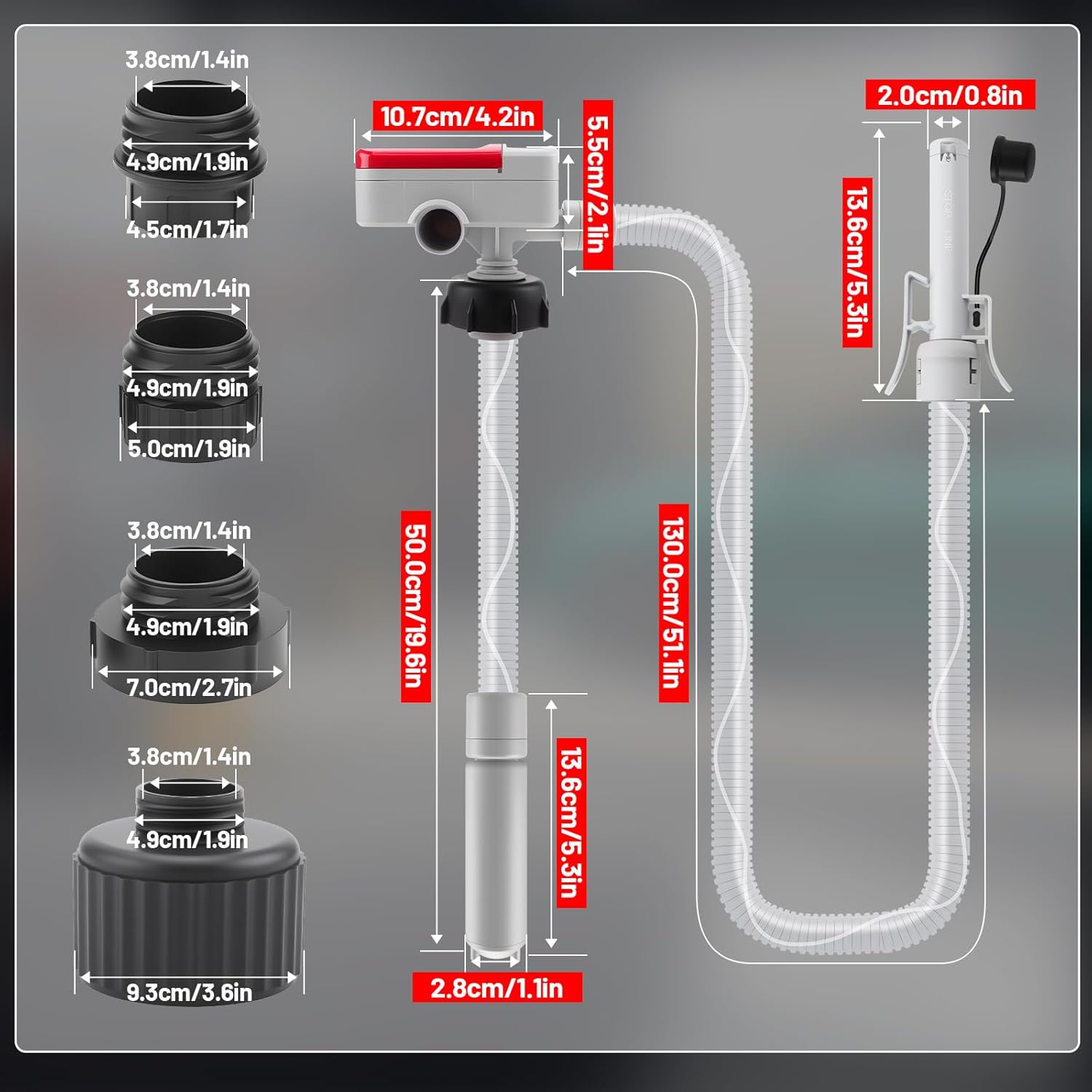 Image showing detailed dimensions of the fuel transfer pump components, including hose length, pump head diameter, and adapter sizes.