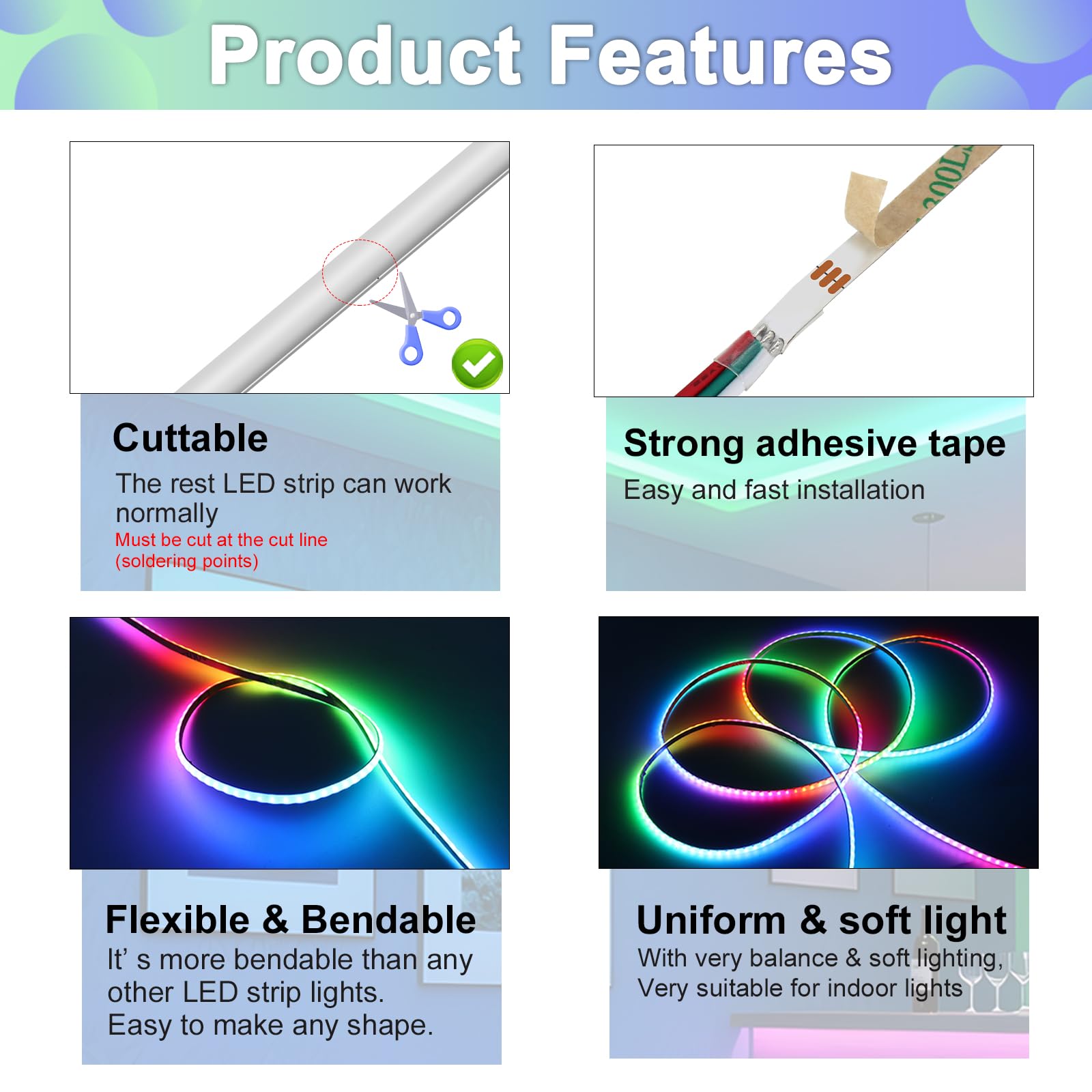 WS2812B COB LED Strip Kit, 1m 3mm Ultra Thin Smart IC RGB USB Light