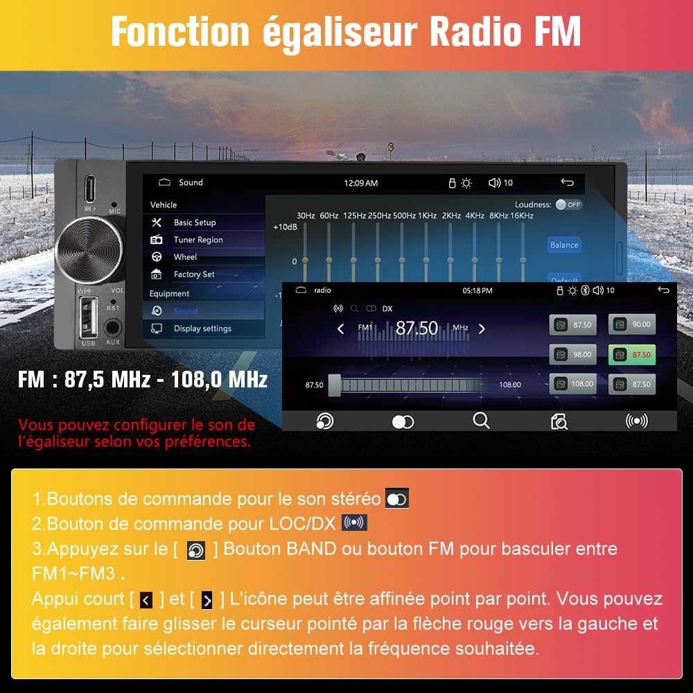 AWESAFE Autoradio Carplay 1 DIN avec Écran Tactile HD 6,36" | CarPlay & Android Auto sans Fil | Bluetooth 5.0 | FM | USB Type-C | Commande Vocale | avec Caméra de Recul
