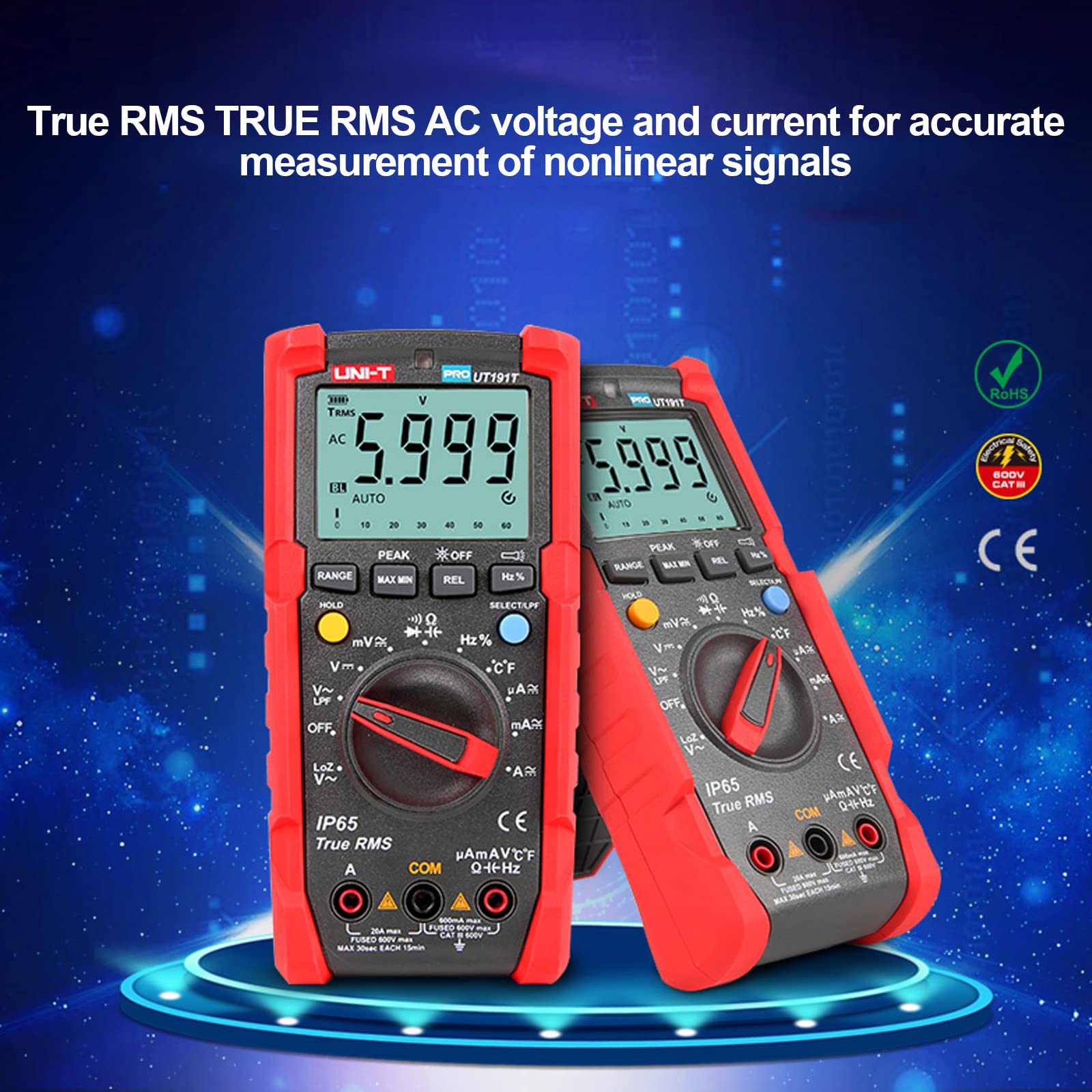 UNI-T UT191T Multimetro Professionale IP65, 600V AC/DC, 20A, 10Hz-1MHz, -40°C-400°C/-40°F-752°F
