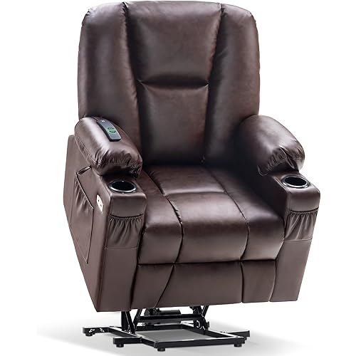 MCombo Electric Power Lift Recliner Chair with Extended Footrest for Elderly People, 3 Positions, Hand Remote Control, Lumbar Pillow, 2 Cup Holders, USB Ports, Faux Leather 7507 (Dark Brown)