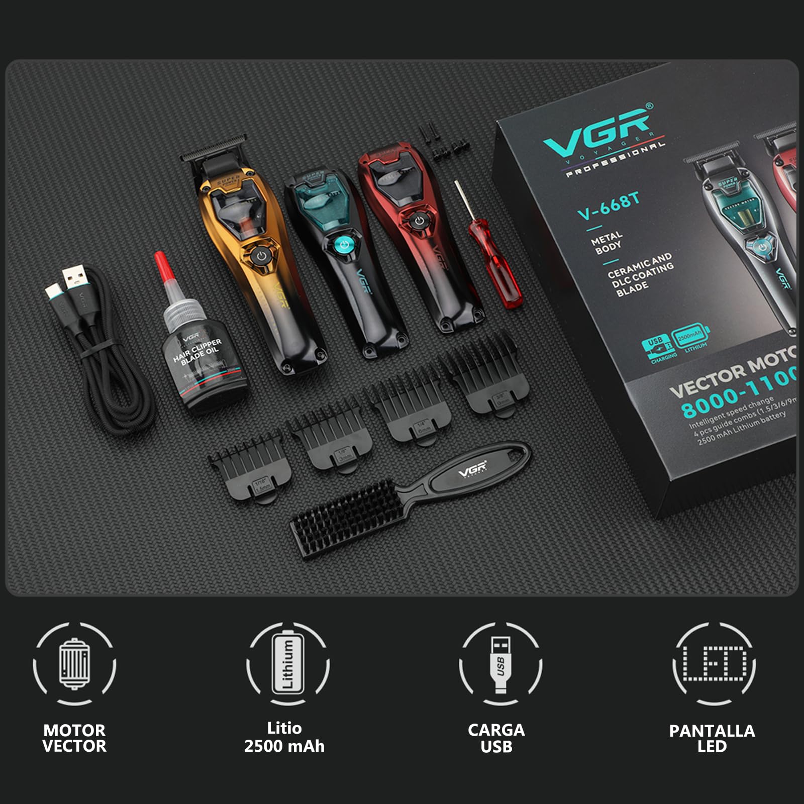 VGR 668 T Maquina Cortar Pelo hombre, Cortapelos, Motor Vectorial 11000 RPM | Recortador de Precisión con 4 Peines Guía, Carcasa Intercambiable, Carga USB