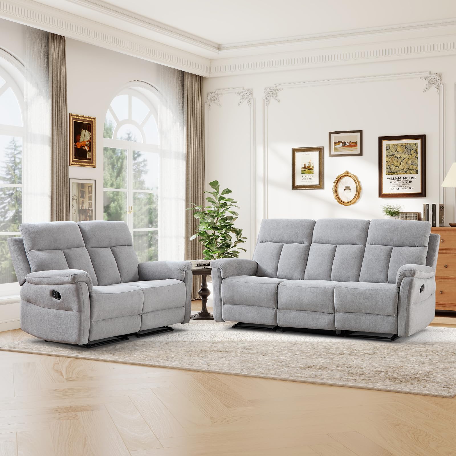 ANJ 2-Piece Manual Recliner Sofa Set, Reclining Loveseat and 3 Seat Sofa with Overstuffed Backrest and Supportive Backrest, Soft Reclining Couch Set for Living Room, Silver