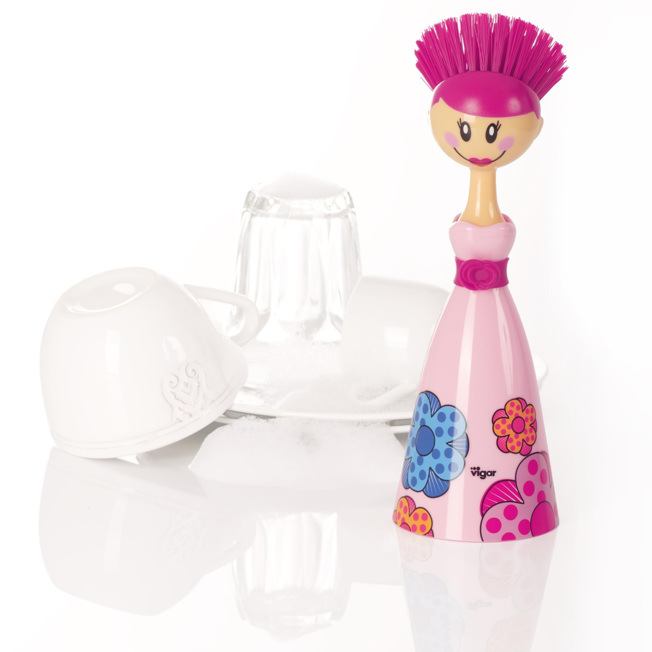 VIGAR Dolls wytrzymała szczotka do mycia ze stojakiem, tworzywo sztuczne, różowy/niebieski, 7,5 x 7,5 x 24,5, 6