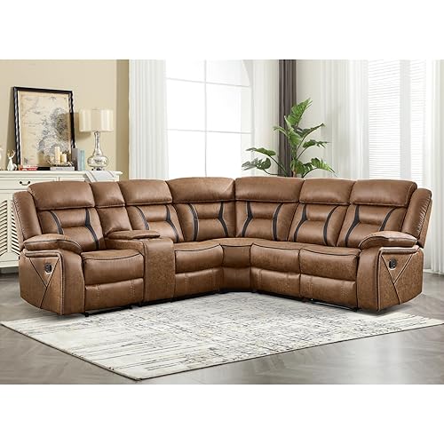 EBELLO Manual Reclining Sectional Sofa for Living Room, L-Shaped Sectional Corner Reclining Sectional Couches Home Furniture Set with Center Console, Hidden Cup Holders and Storage, Brown