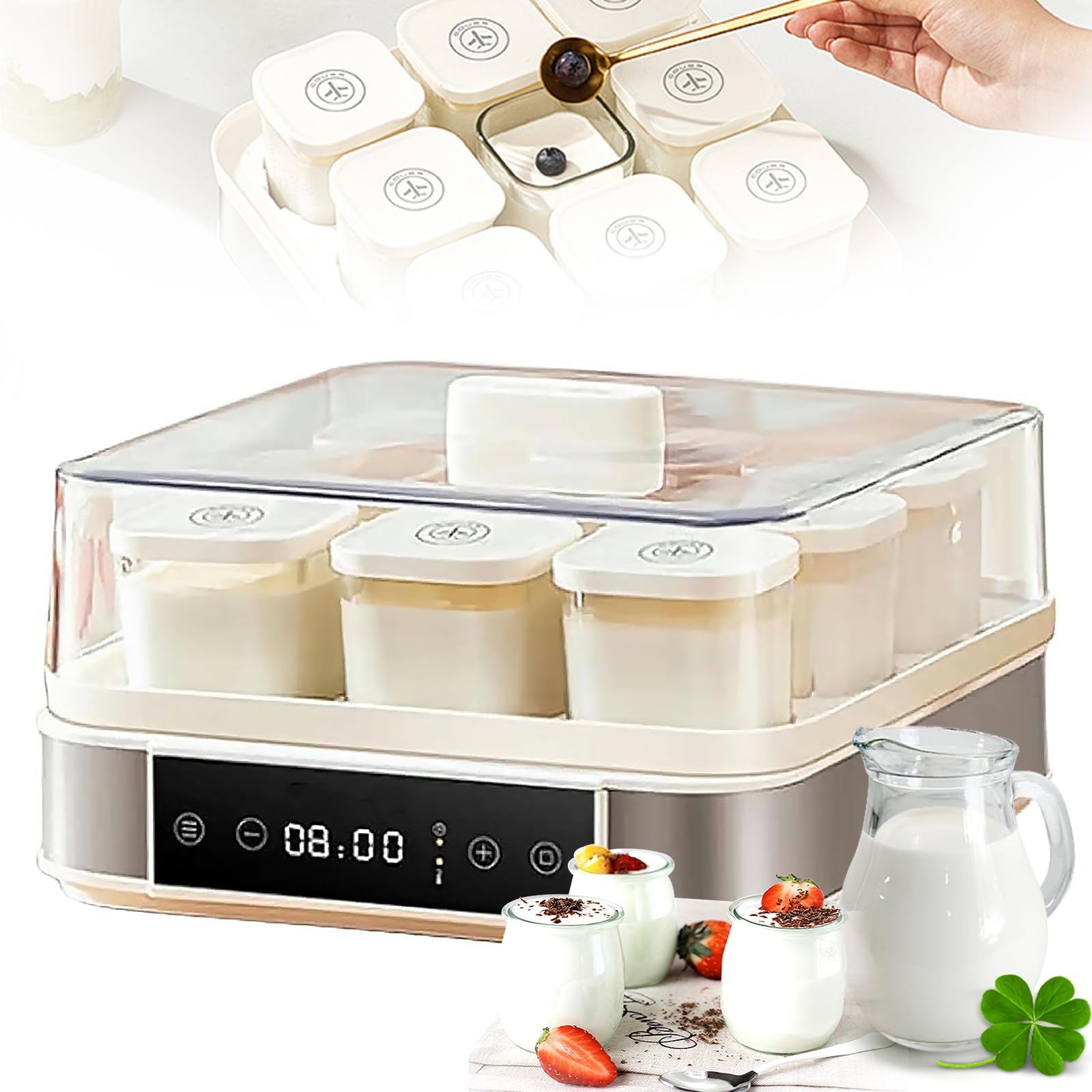 Multifunctional Yoghurt Maker, 40W Yogurt Maker with 9PCS Glass Jars，LCD Smart Touch Screen,360° Visual,Adjustable Tempe & Time Control, Fermentation Machine for Yoghurt Dough Natto Rice Wine