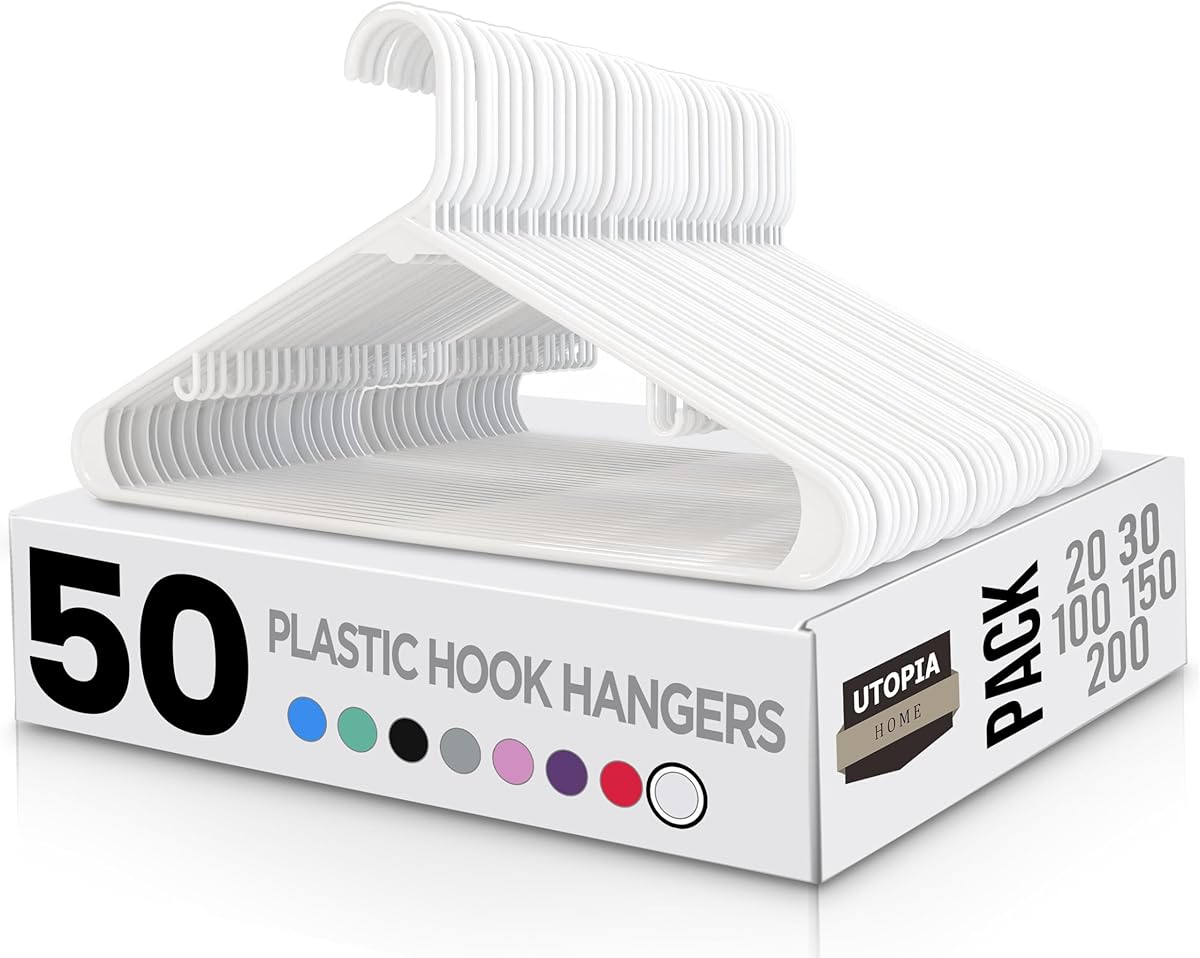 Utopia Home Plastic Hangers 50 Pack - Clothes Hanger with Hooks - Durable & Space Saving (White)