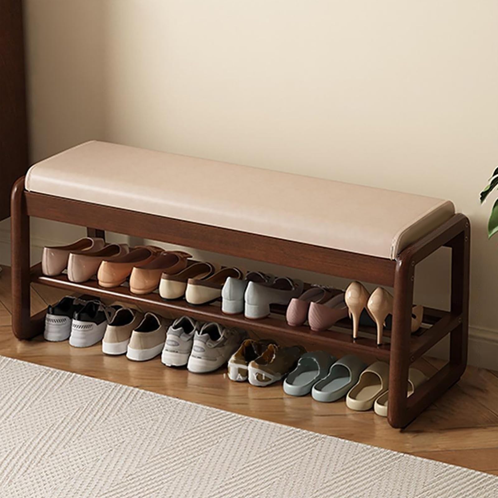 WJFTODAY Modern Rubberwood Shoe Bench with Leather Cushion 2 Tier Entryway Storage Ottoman Narrow Foot Stool for Bedroom Living Room Hallway Stylish nization Solution