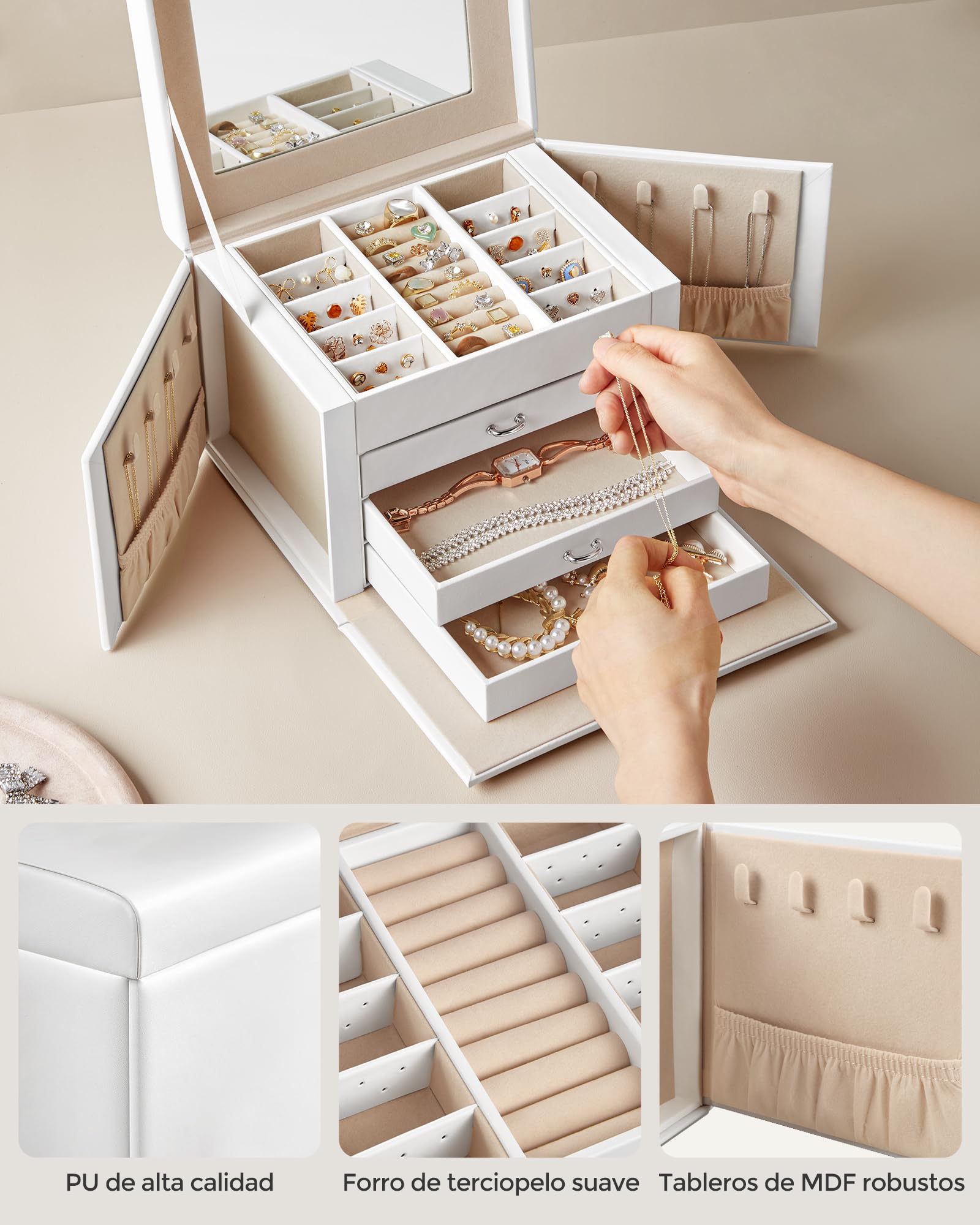 SONGMICS Caja Joyero de 4 Niveles con Asa, 3 Cajones, Espejo, Cerradura, Blanco Nube y Beige Arena JBC159W01