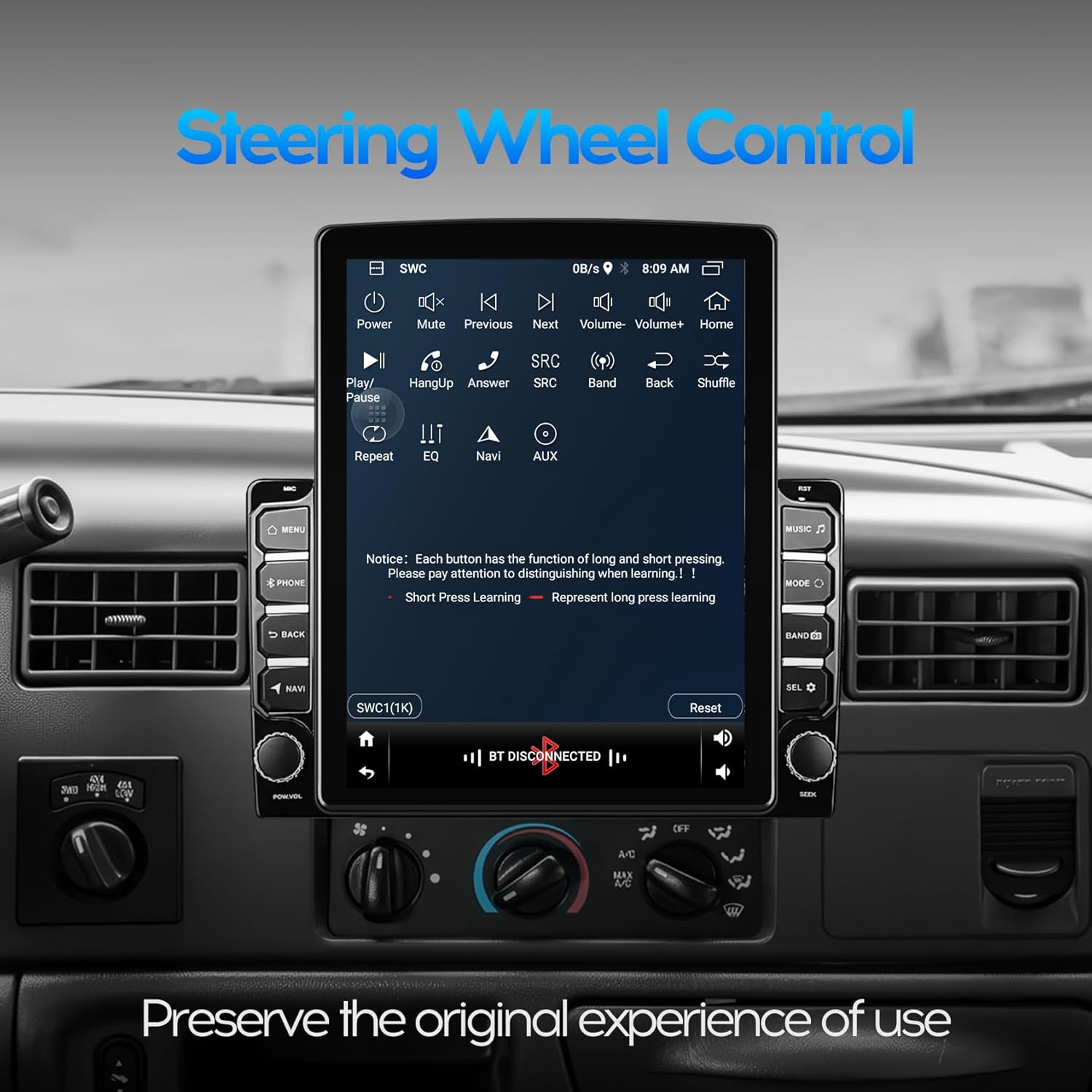 Car stereo screen displaying the steering wheel control learning interface, showing various functions like Power, Mute, Next, Volume, and instructions for short and long press learning.