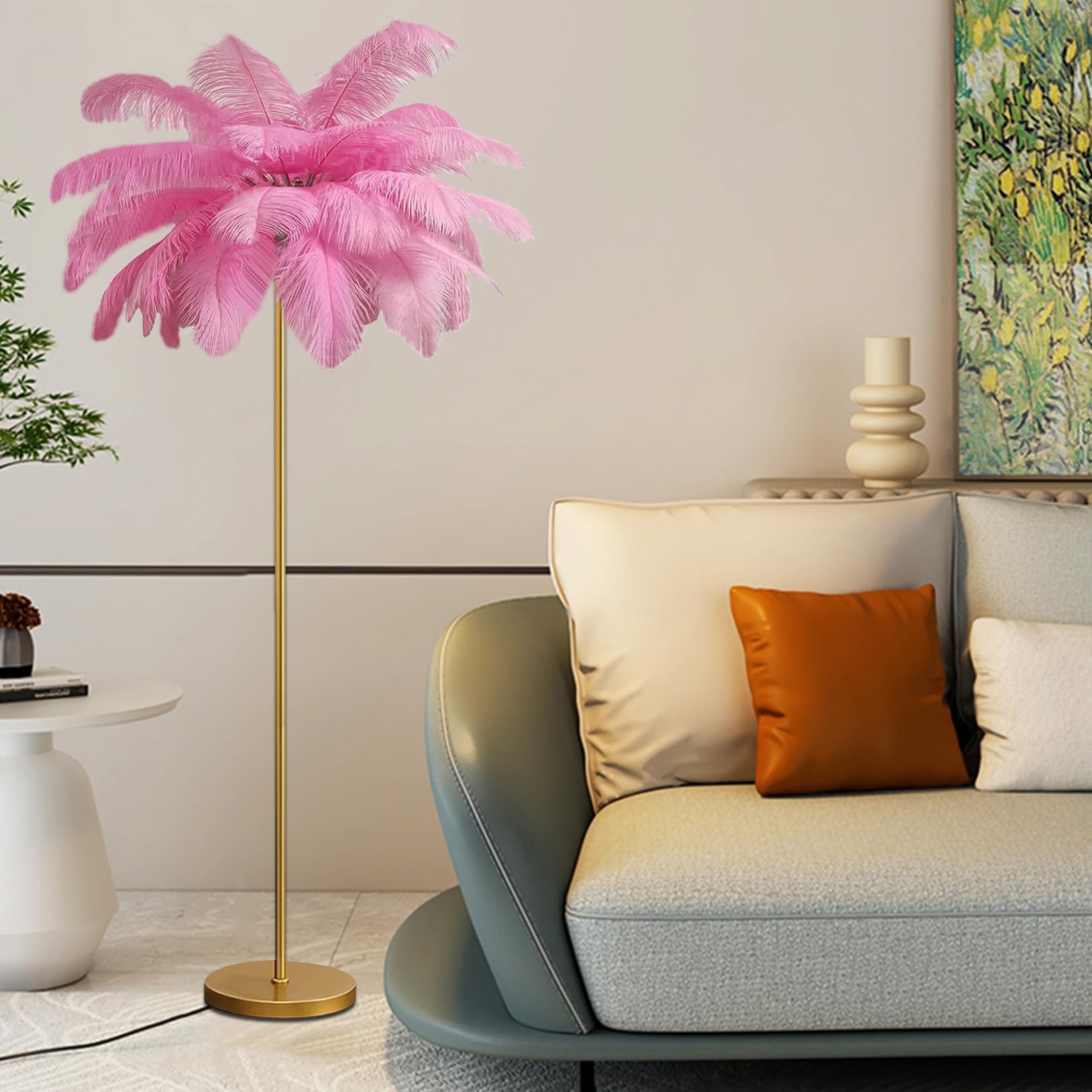 Lampadaire plumes d'autruche rose lampe sur pied salon moderne G4