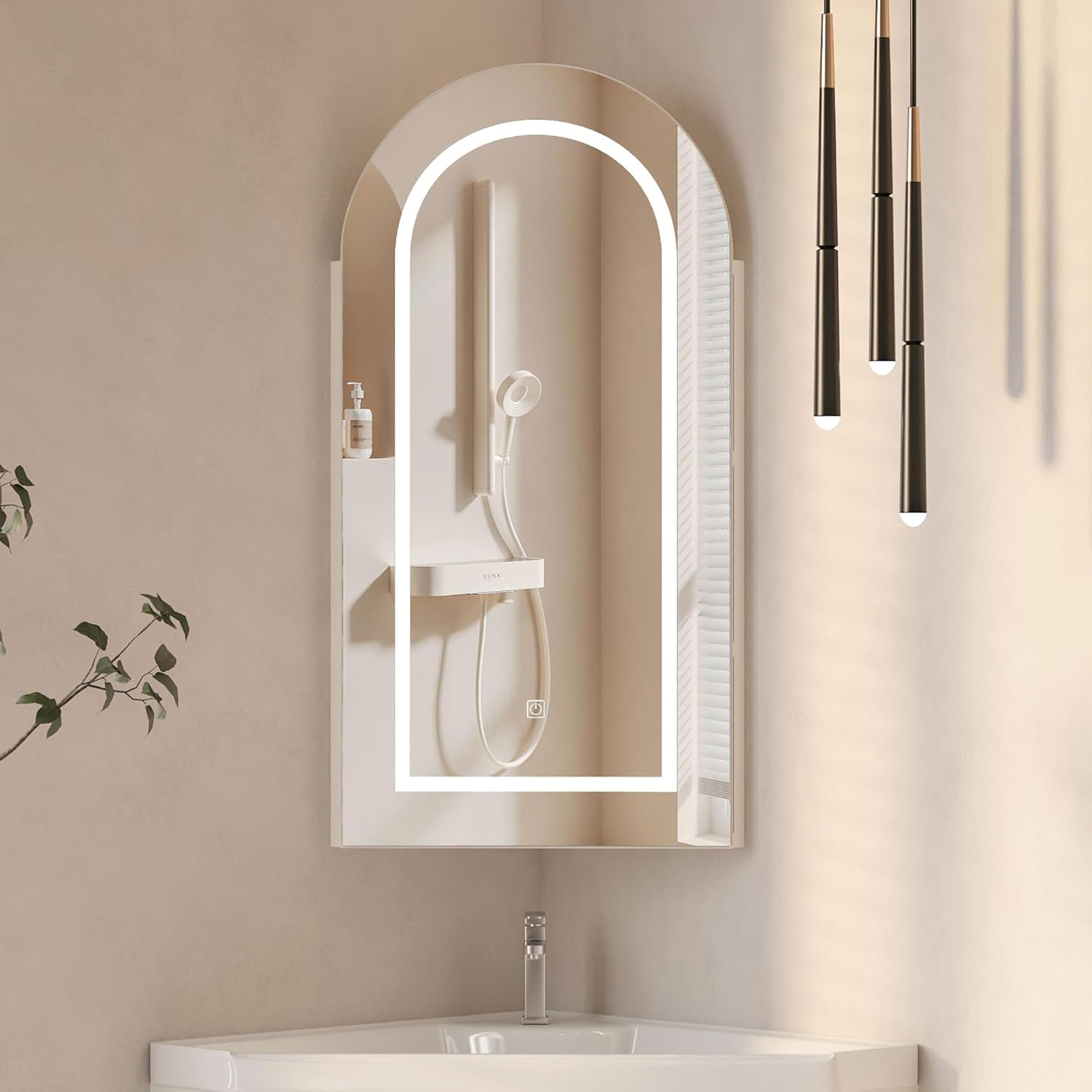 16x31 Inch White Lighted Corner Medicine Cabinet with Mirror,Corner Bathroom Cabinet Surface Mounted for Bathroom with 3-Color,Wall Mounted Mirrored Medicine Cabinets with Lights