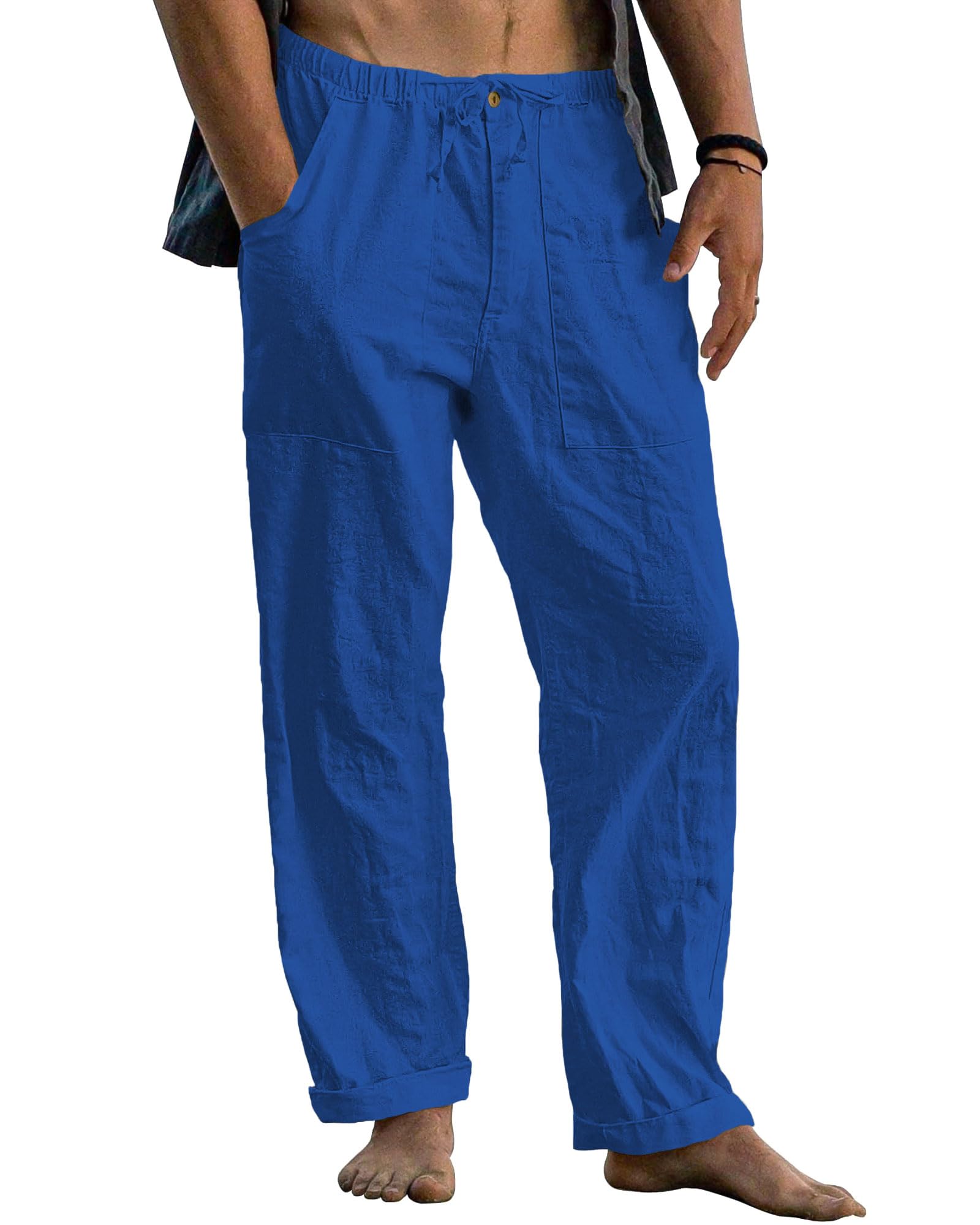 Cegerne Pantaloni in Lino Uomo Lunghi Leggeri, Pantaloni Estivi Casual con Vita Elastica e Coulisse, per Spiaggia Vacanze Medievale Vintage e Uso Quotidiano