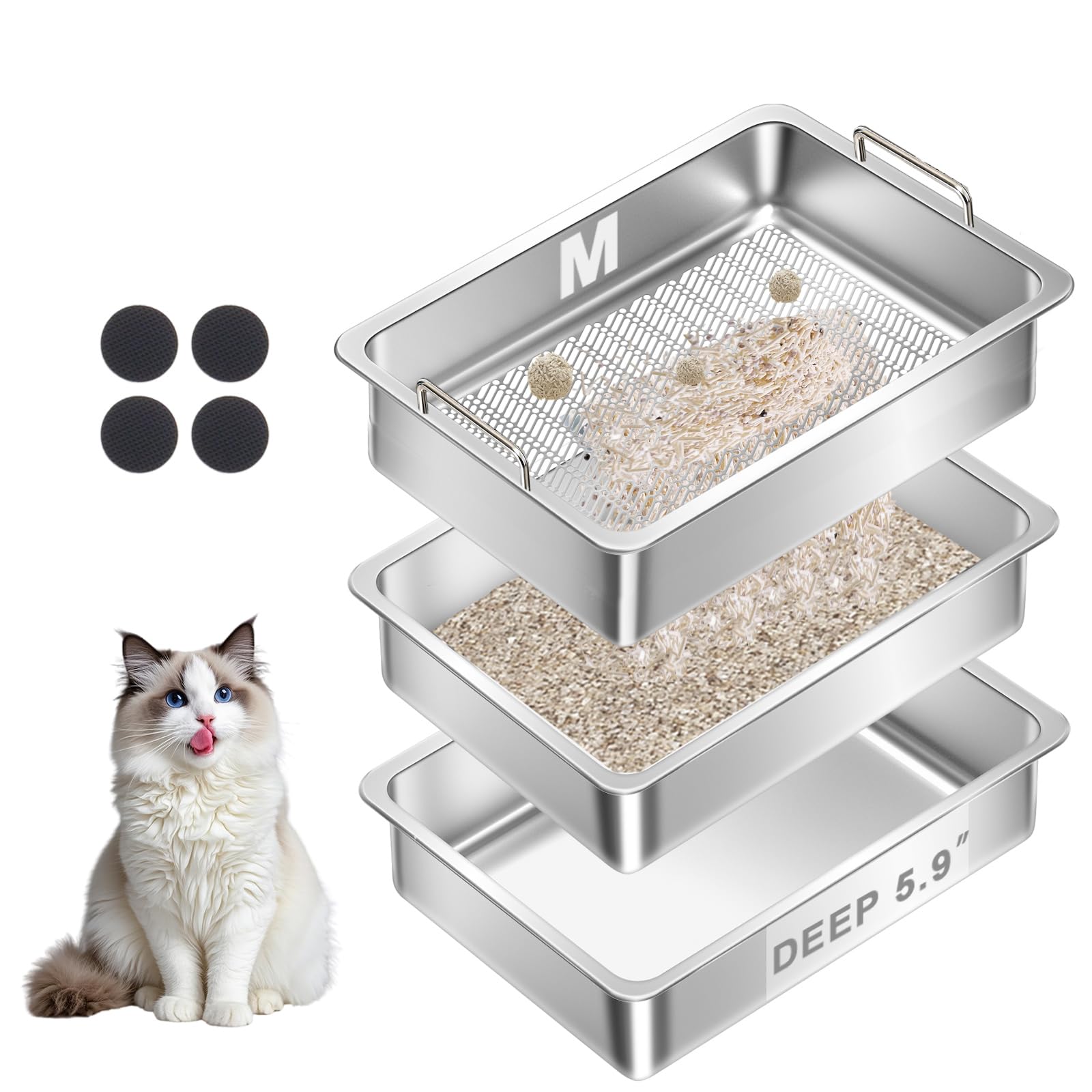 Photo 1 of Ixaro Stainless Steel Sifting Cat Litter Box for Clumping Clay Litter with Two Interchangeable Bottom Pans, Large Metal Litter Box with High-Speed Sifting System, Odor Control (17.7"x13.7"x5.9")