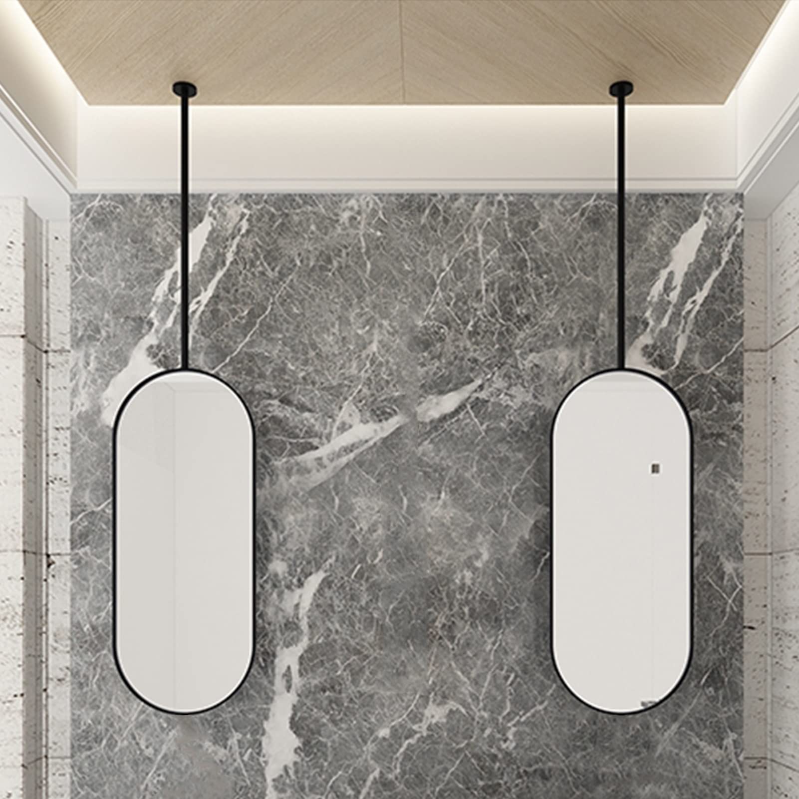 BKSXSOP Nordic Ceiling Hanging Mirror - Oval Bathroom with Customizable Black Metal Frame & Pole, Perfect for Shaving, 50cm x 70cm