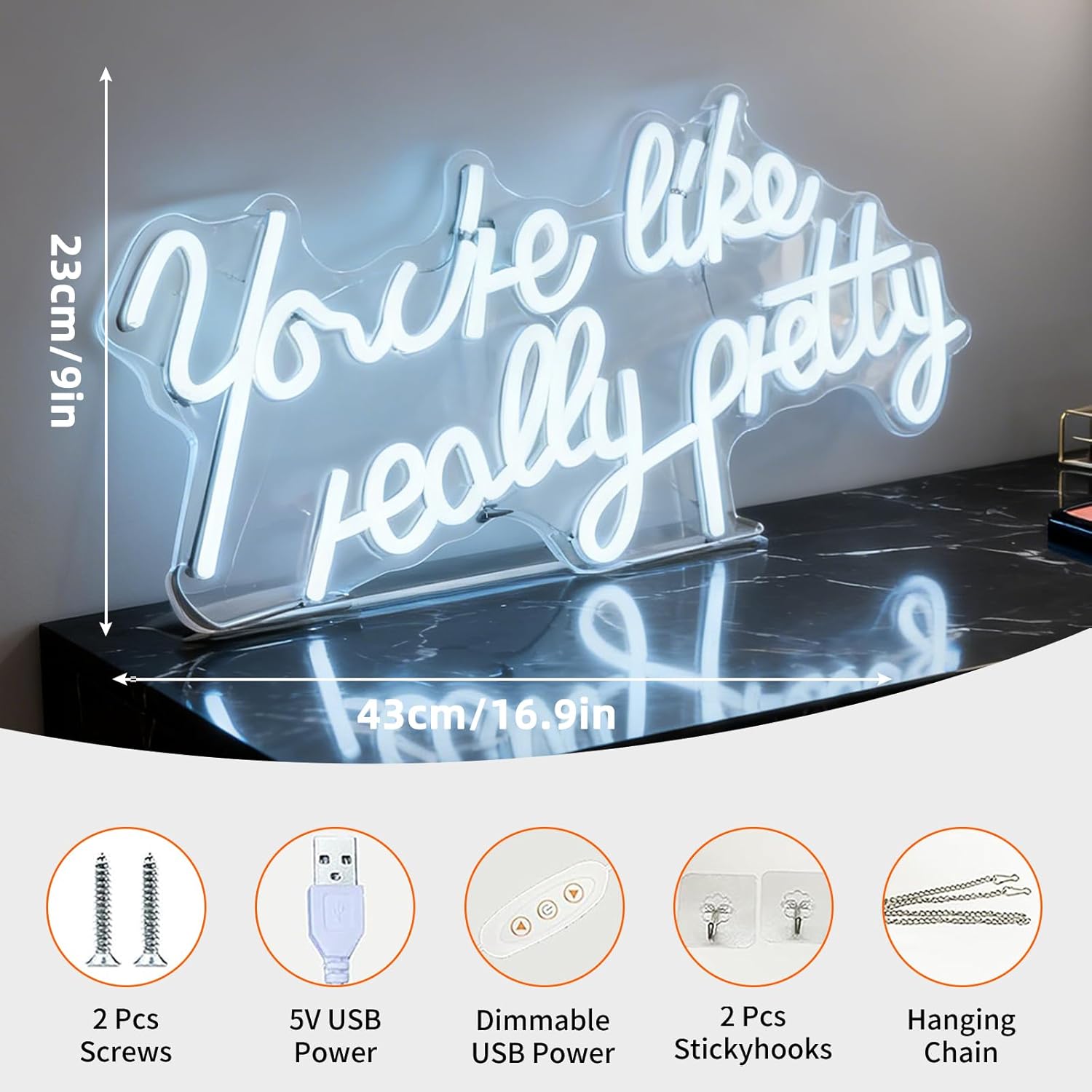 You Are Like Really Pretty White LED Neon Sign, USB Powered Dimmable Decorative Neon Light Home Living Room Girl Bedroom Vanity Wall Table Decor Party Gift 16.9 x 9.1 In