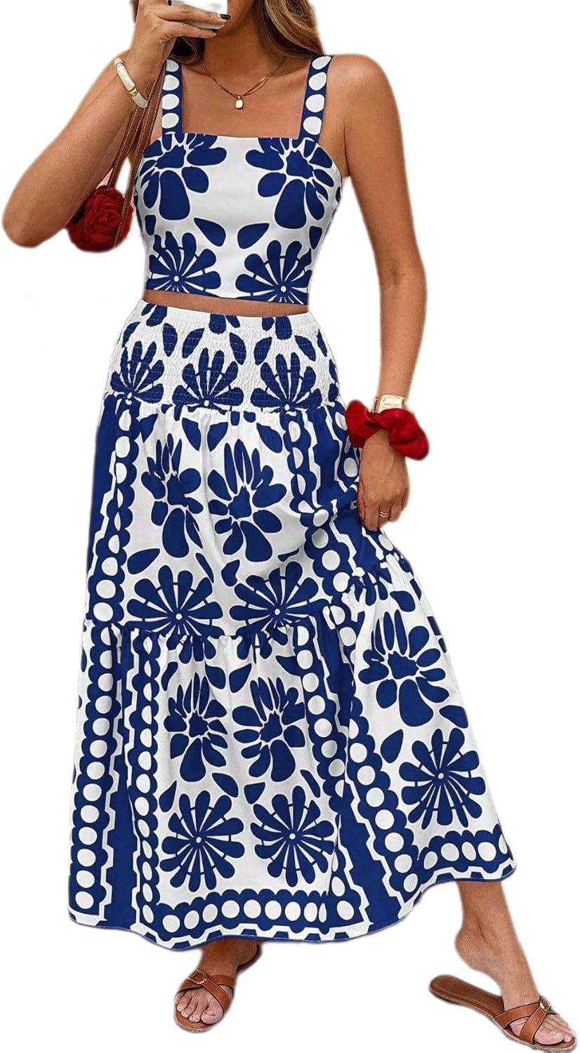 ksotutm Floral Summer Vacation Outfits for Women Square Neck Halter Crop Top High Waist A Line Maxi Skirt 2 Piece Sets
