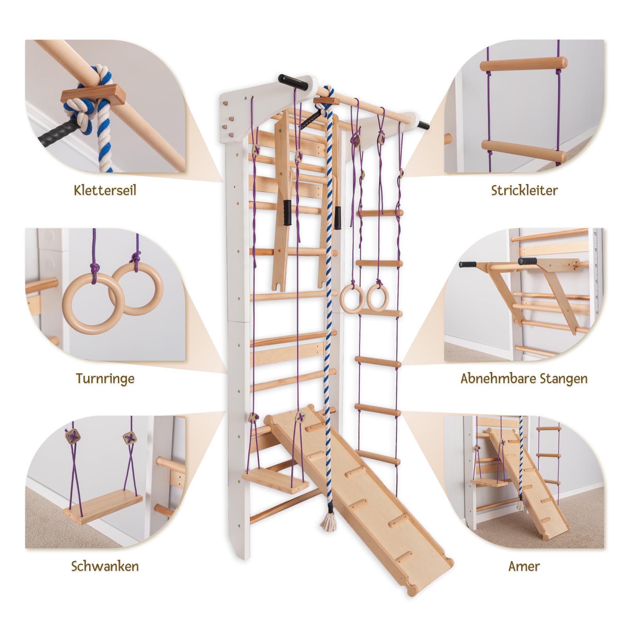 Sprossenwand Holz mit Rutsche & Schaukel - Indoor Klettergerüst für Kinder & Erwachsene - Turnwand mit Kletterbrett & Zubehör - Massiv bis 150kg (Weiß)