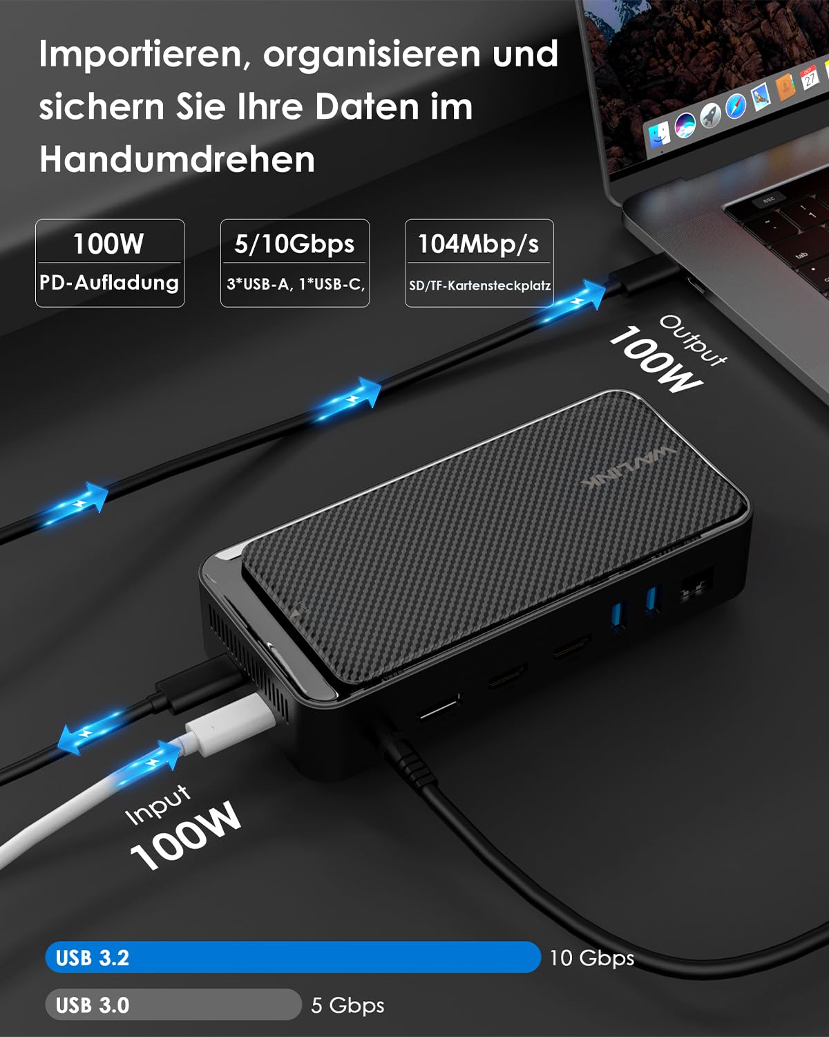 WAVLINK 12-in-1 Docking Station Dreifach-Display (3 * 4K@60Hz) | mit 10 Gbit/s M.2 PCIe/SATA SSD-Gehäuse, 100 W PD, USB C/A, SD/TF, Gigabit RJ45 für Mac OS,Windows