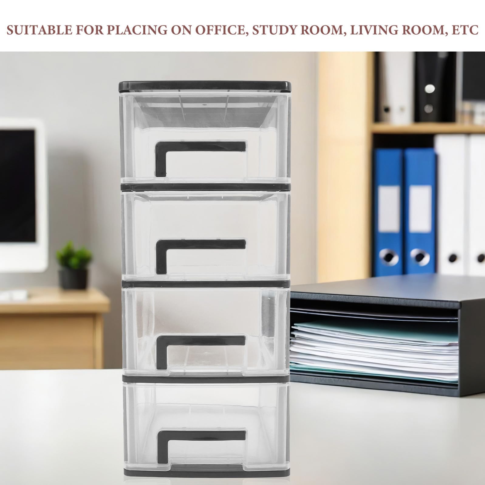 OSALADI Cassettiera da Scrivania in Plastica Nera 4 Cassetti, Design Compatto e Funzionale per Ufficio, Organizer Desktop per Ordinare e Conservare Oggetti