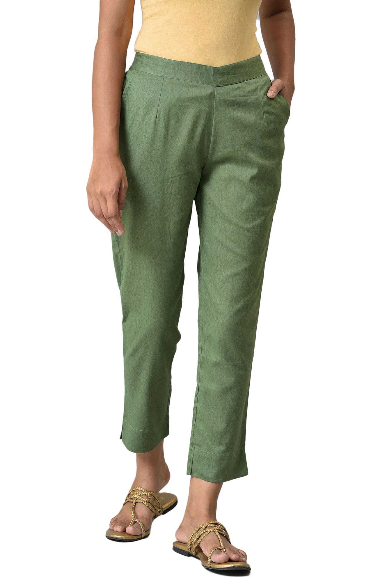 Aurelia Women's Tapered Fit Mid Rise Cotton Blend Strechable Pants Trouser | Ankle Length Trouser in neutral