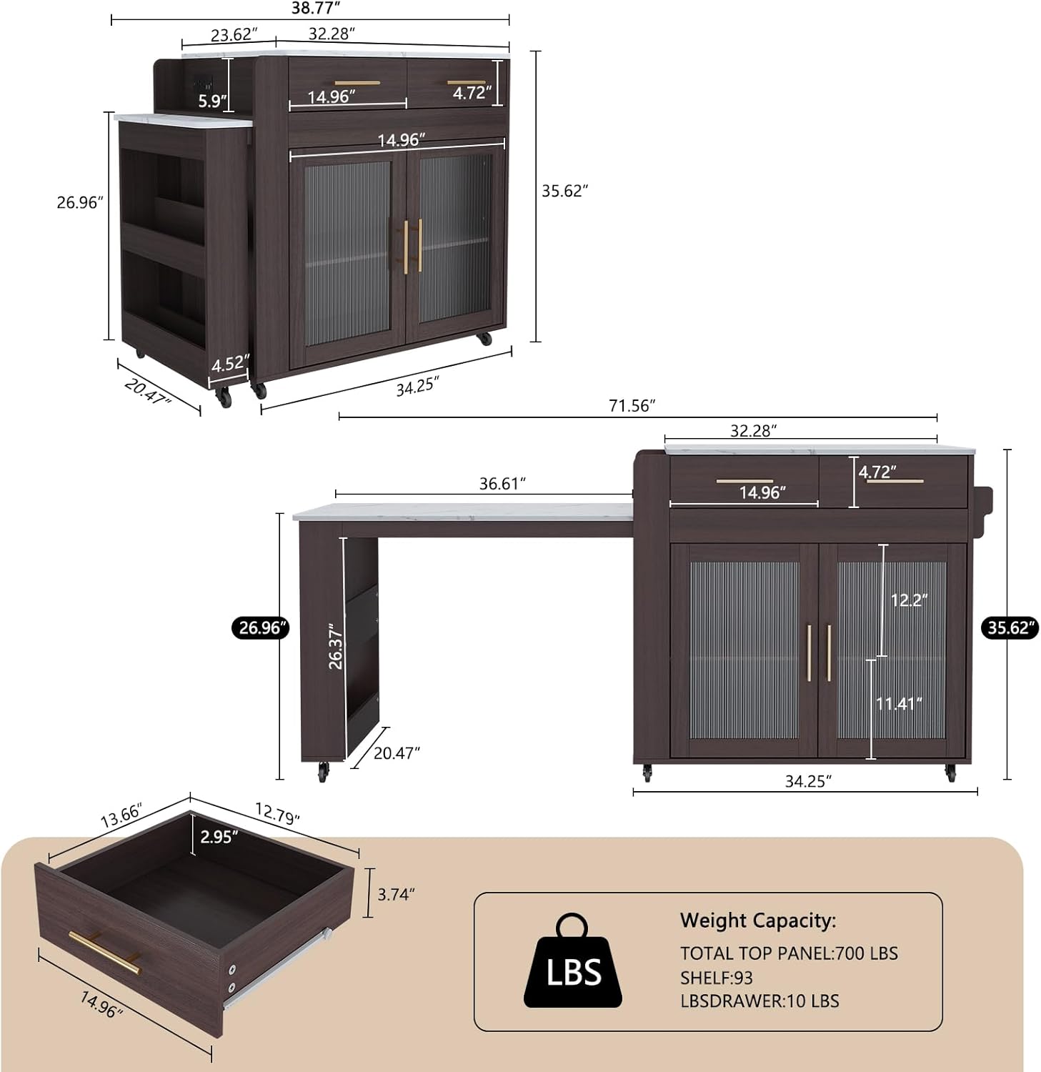 HLR Kitchen Island with Extendable Dining Table, Marble Grain Countertop Island with Power Outlet, Rolling Storage Cart on Wheels with Storage Cabinet and 2 Drawers, Prep Table for Kitchen
