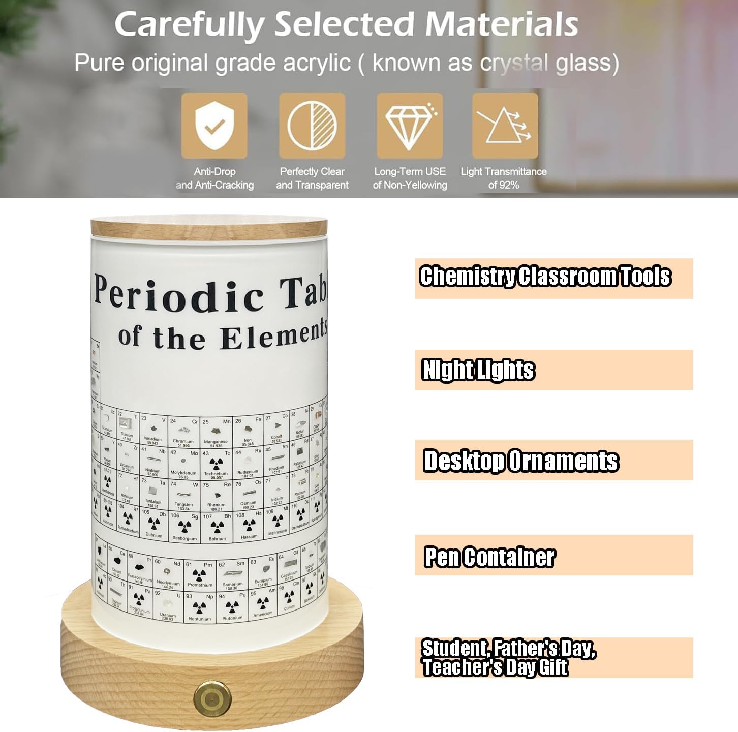 Periodic Table with 83 Real Elements Inside, 3D Real Element Periodic Table Samples Samples with Wooden Stand & LED Light, for Teaching Tool, Gift for Kid, Students, Teacher, Science Lovers