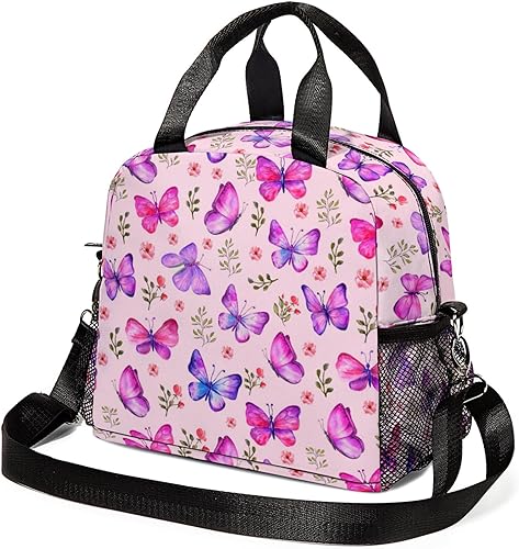 Lamtwbos Lonchera aislada con mariposa morada, para mujeres y niñas, impermeable, bolsa térmica para el trabajo escolar con correa ajustable para el