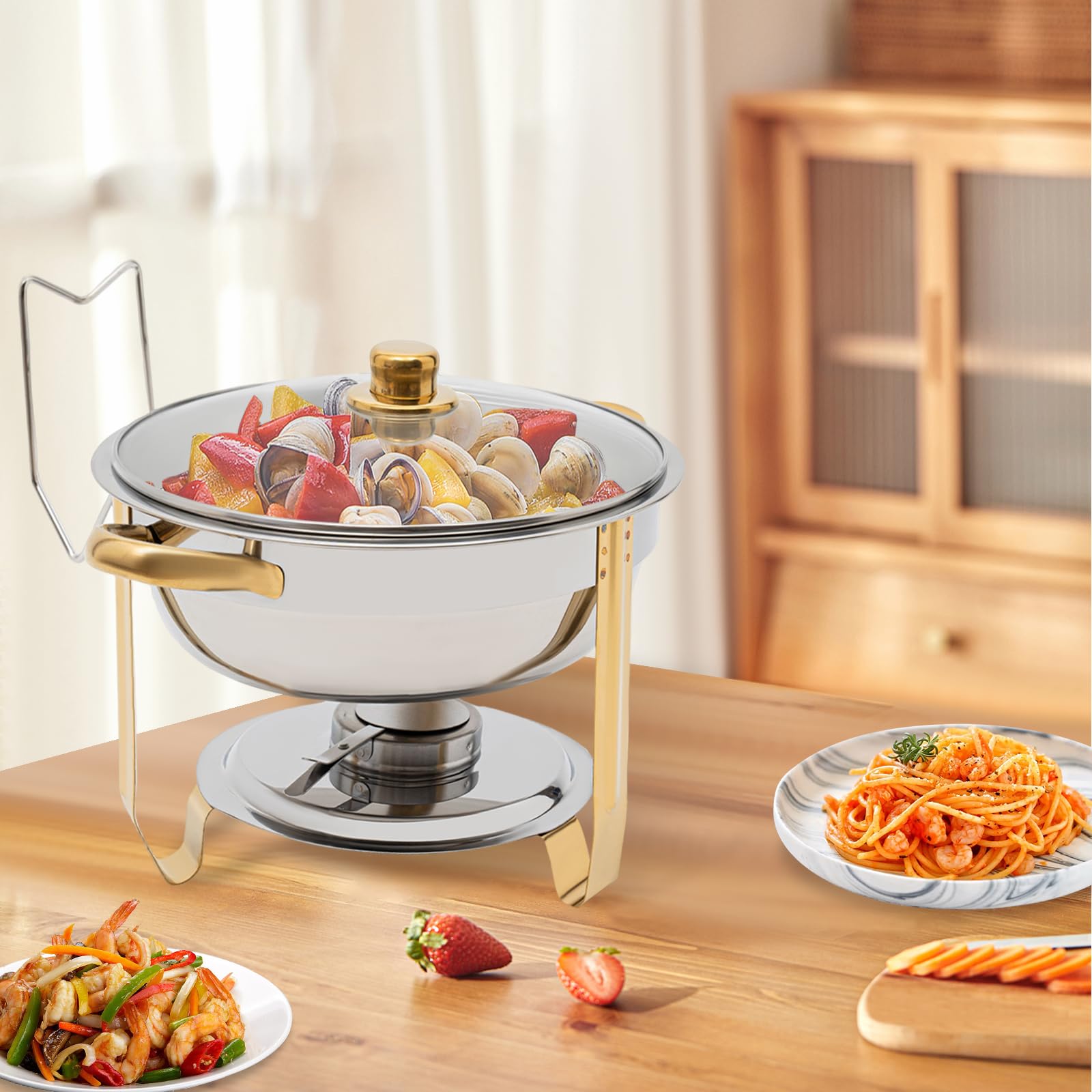 Chafing Dish Buffet Set Set de 5 L redondo de calientaplatos, calentador de alimentos de acero inoxidable con almacenamiento de la tapa, para reuniones familiares, fiestas