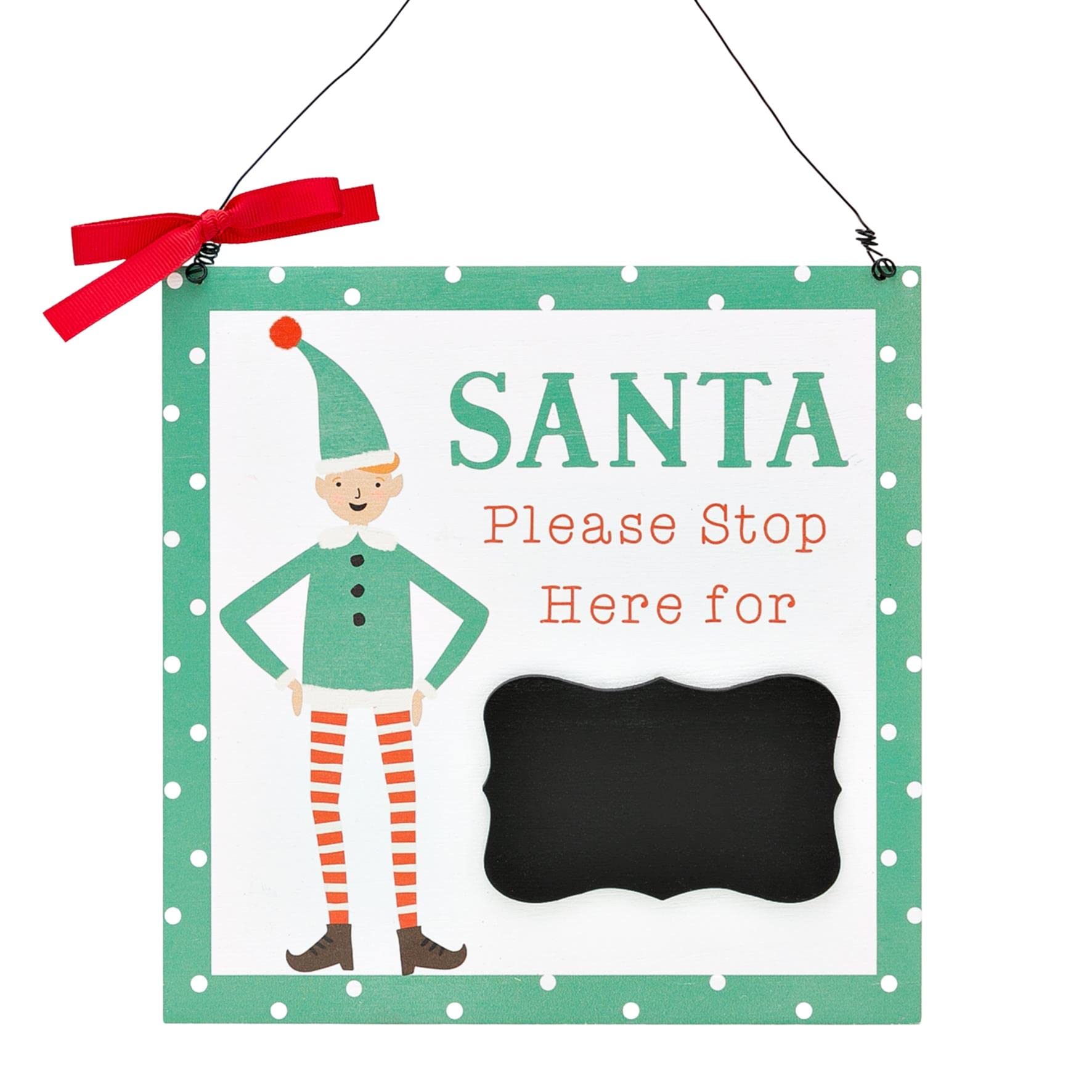 North Pole Novelties Green & White Cute Elf Design Santa Stop Here Personalisable Hanging Wall Plaque