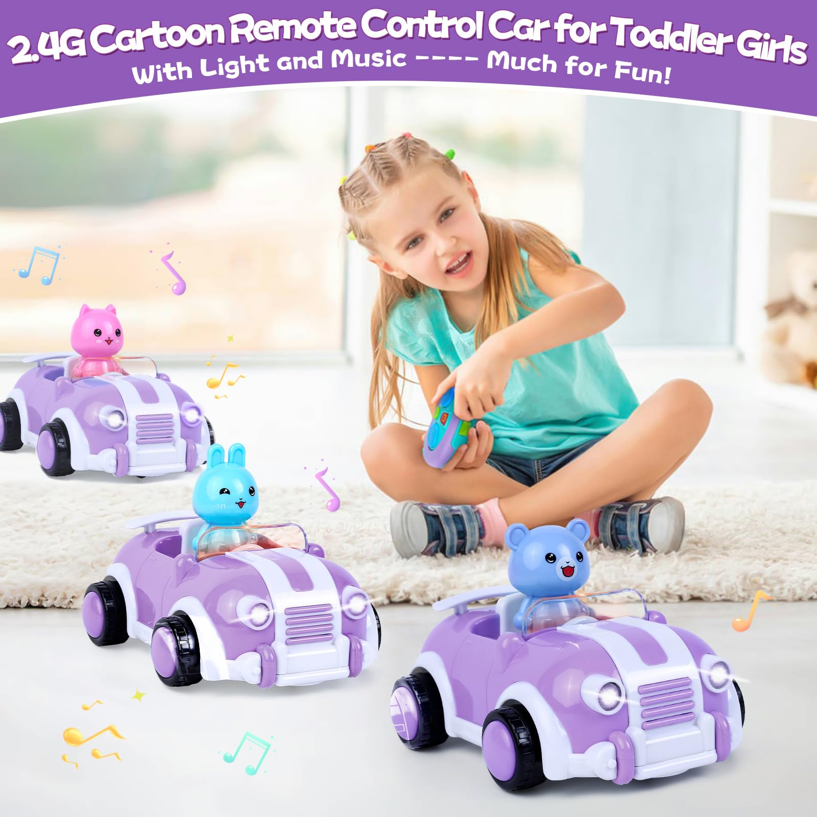 Coche de Juguete de Control Remoto de Dibujos Animados, Regalo de Cumpleaños, Control Remoto de 2 Canales, Música, Luces, Sonido, Retorno Automático, Uso en Interiores y Exteriores