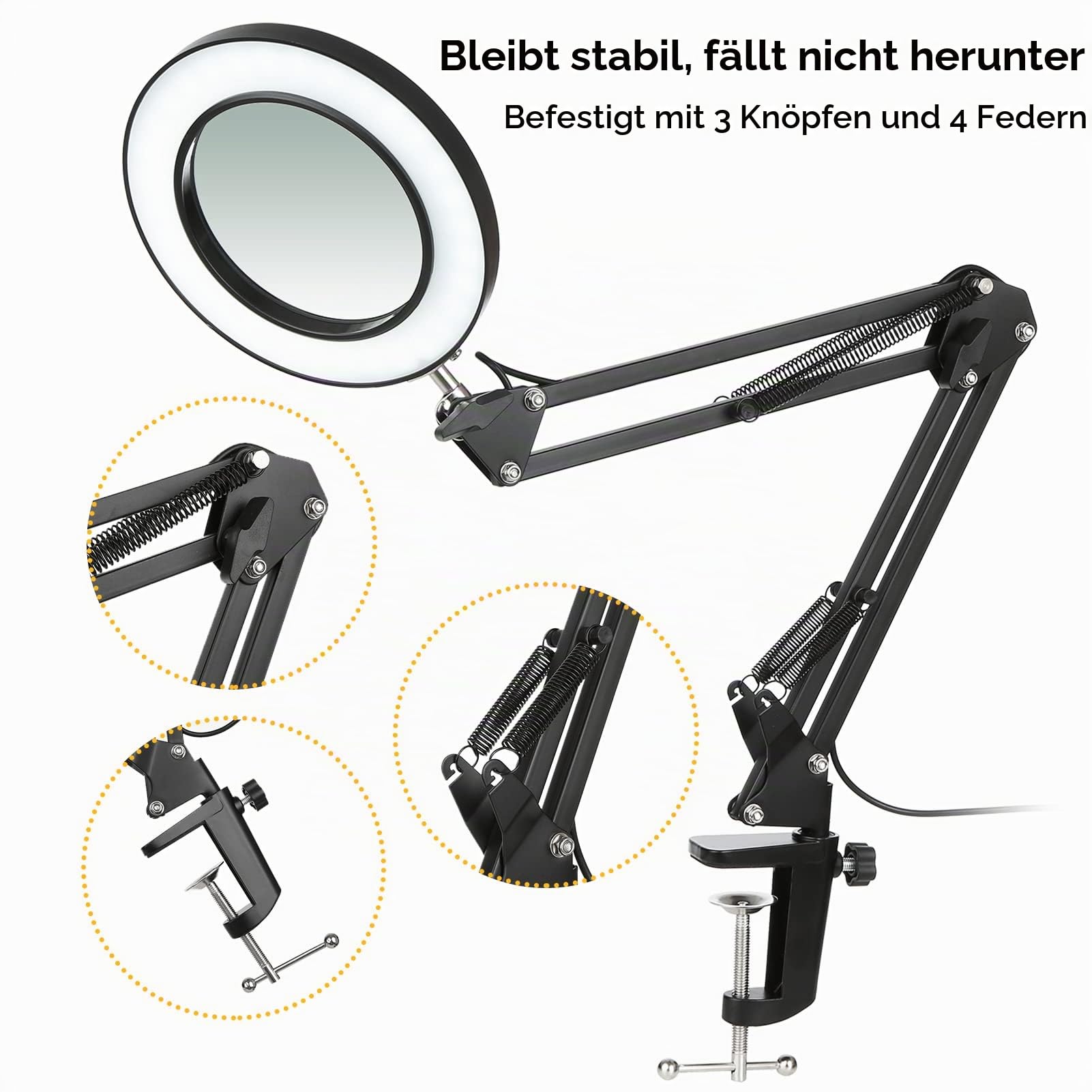 Neoglint Lupe mit Licht,Lupenlampe 8-fache Lupe,64 Dimmbare LED,12W 1200LM,3 Farbmodi,10 Helligkeitsstufen,Schwenkarm und Klemme,Lupe mit Licht und Ständer Kosmetiklampe Led Lupenleuchte-Klein Schwarz
