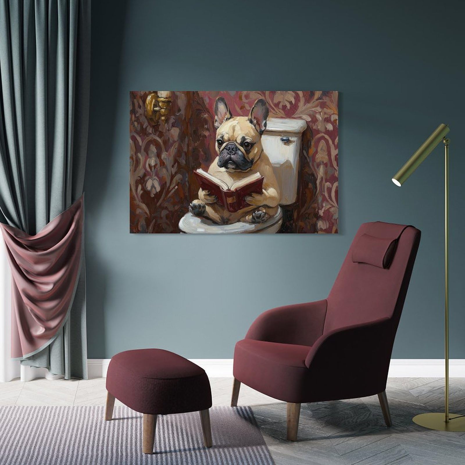 Junmoney Frame-Style-10 French Bulldog Reading On Toilet Home Decor Wall Art, 20X30inch(50X75cm), For Apartment Walls, Studios Or Work Areas, Decorative Canvas Decor For Home Updates