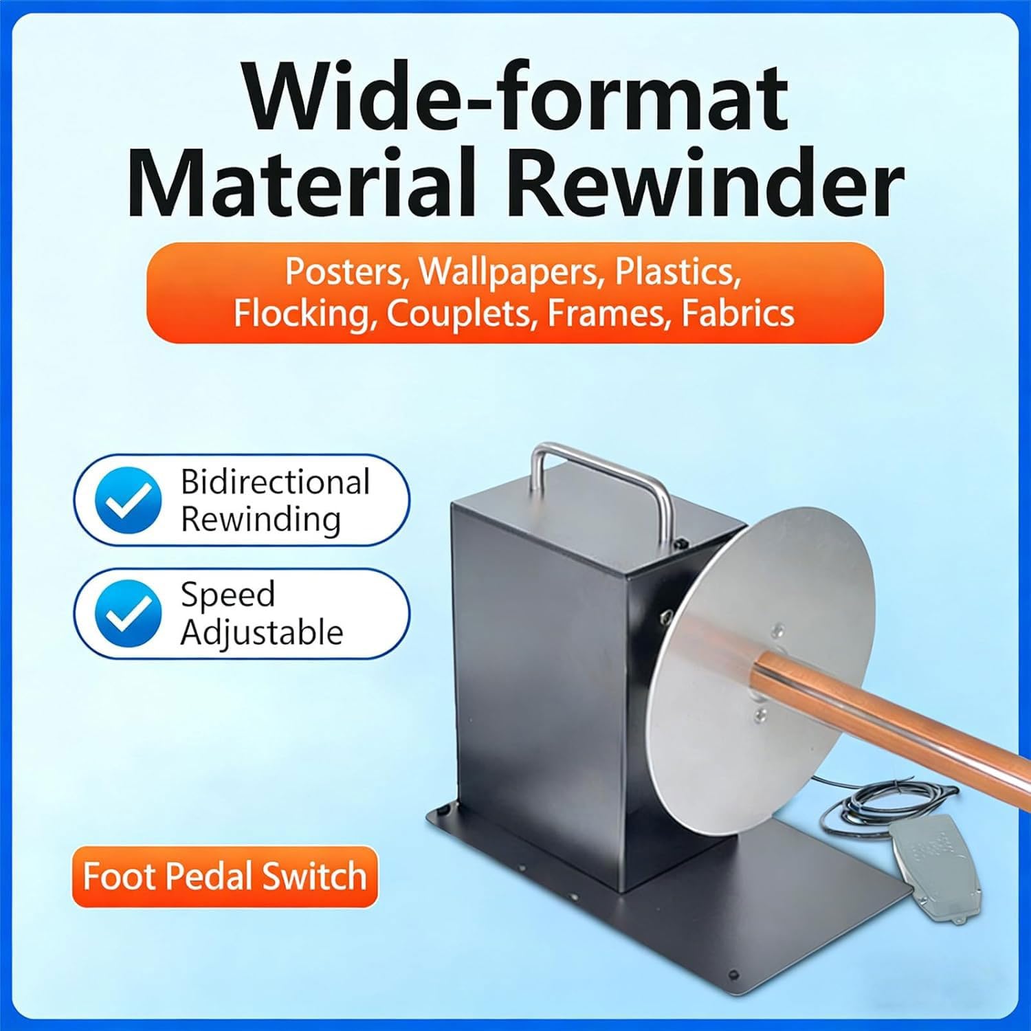 Rebobinador de Material para Carteles, 400 RPM con Interruptor de Pedal, dirección Ajustable, Parada hacia adelante/atrás, diámetro del Disco de 175 mm para Papel Pintado (60cm)