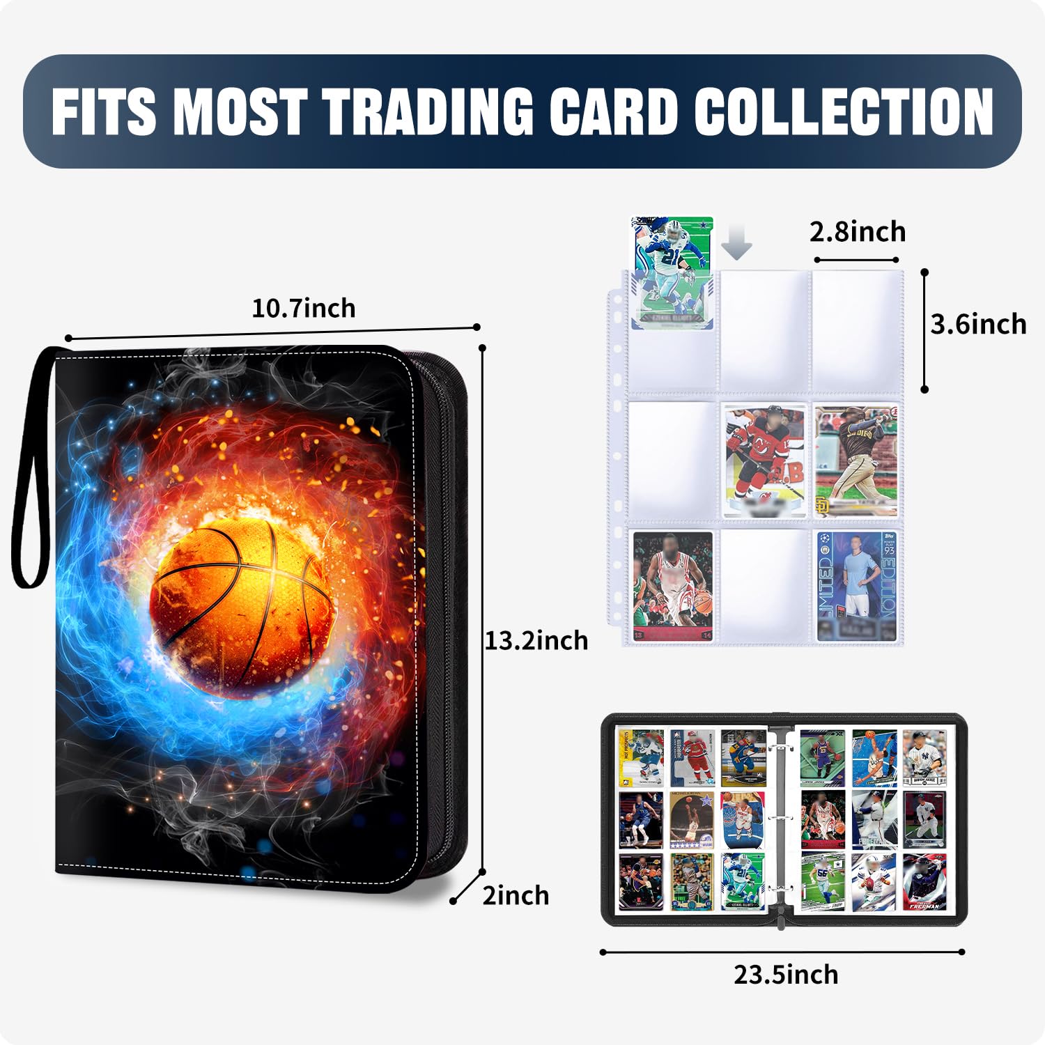 Basketball-Kartenbinder, 900 Taschen, Sportkartenalben, passend für 900 Karten mit 50 abnehmbaren Hüllen, Reißverschluss-Sammelkartenhalter, Organizer für Basketball, Sport-Sammelkarten