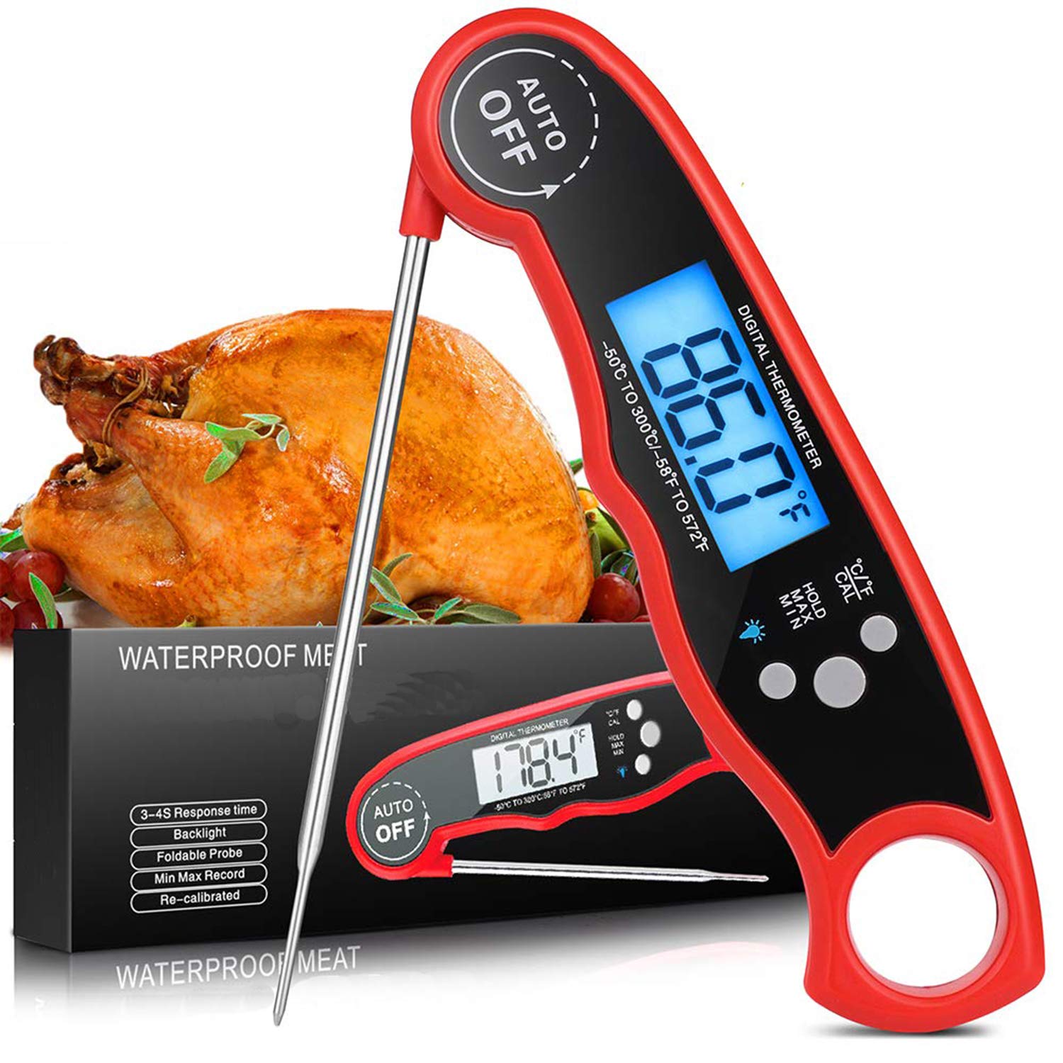Termometro Digitale Per Carne Con Sonda Pieghevole, Retroilluminazione E Magnete - Per Cucina, Griglia E Forno, Rosso
