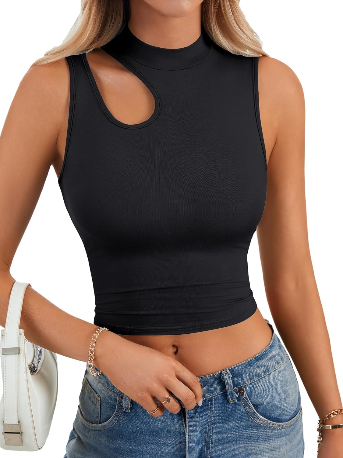 LYANER Women's Mock Turtle Neck Cut Out Sleeveless Ribbed Knit Slim Fit Sexy Tank Tops - Image 4