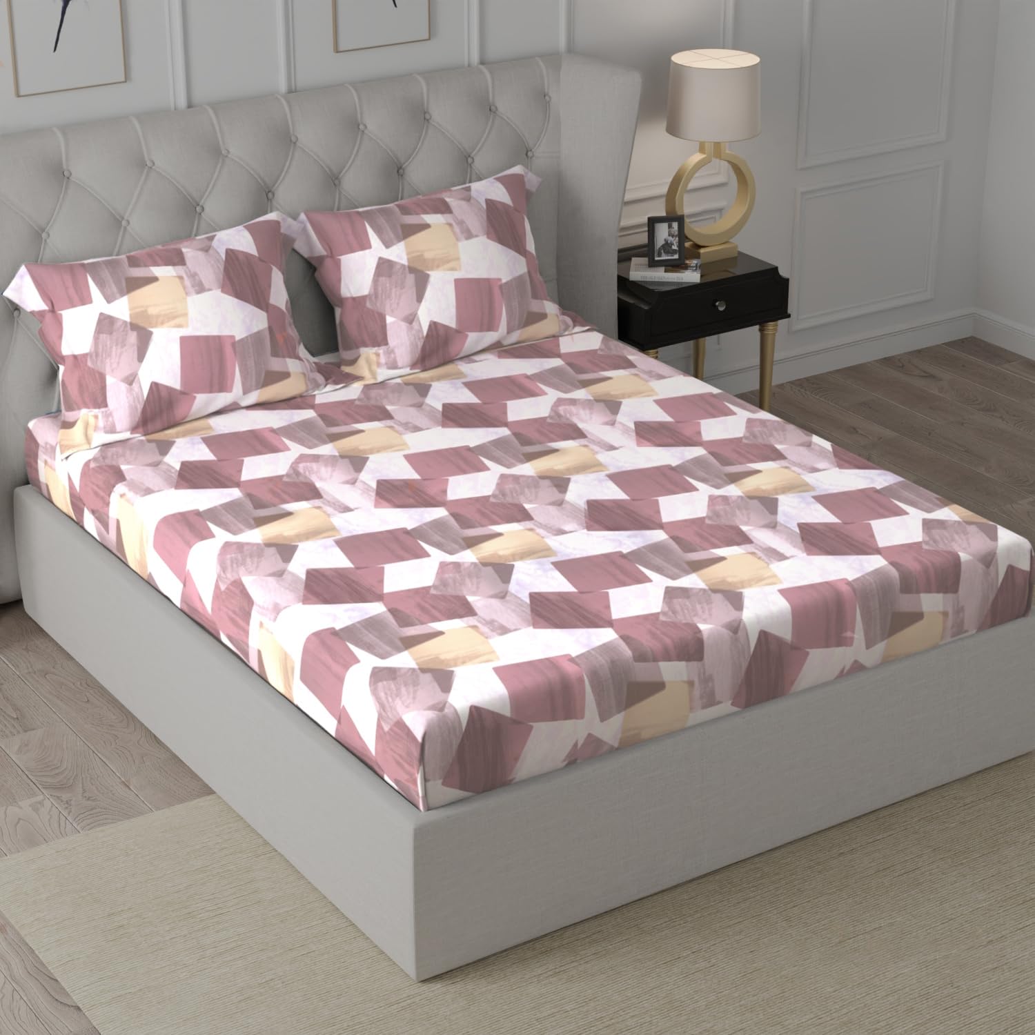 Cloth Fusion Glace Cotton Elastic 186tc Abstract Fitted Bedsheet for Double Bed King Size with 2 Pillow Covers, Soft Wrinkle Free Elastic Bedsheets for King Size Bed (78X72X8 inches, Square Brown)