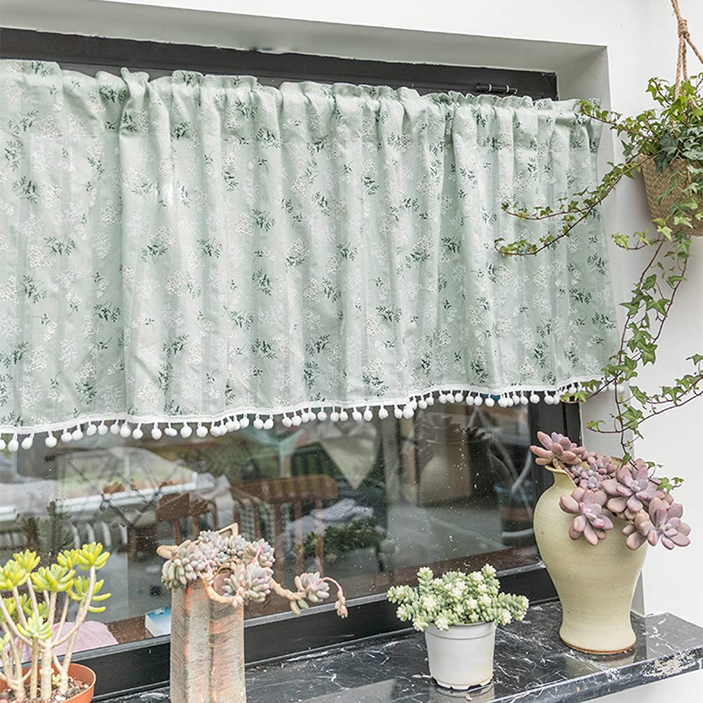 ACMHNC Floral Printed Kitchen Short Curtain Country Style Window Valance Semi Transparent Cotton Linen Blend Window Treatment for Laundry Room Bistro Cafe 1 Panel,Green,W x H 140x90cm