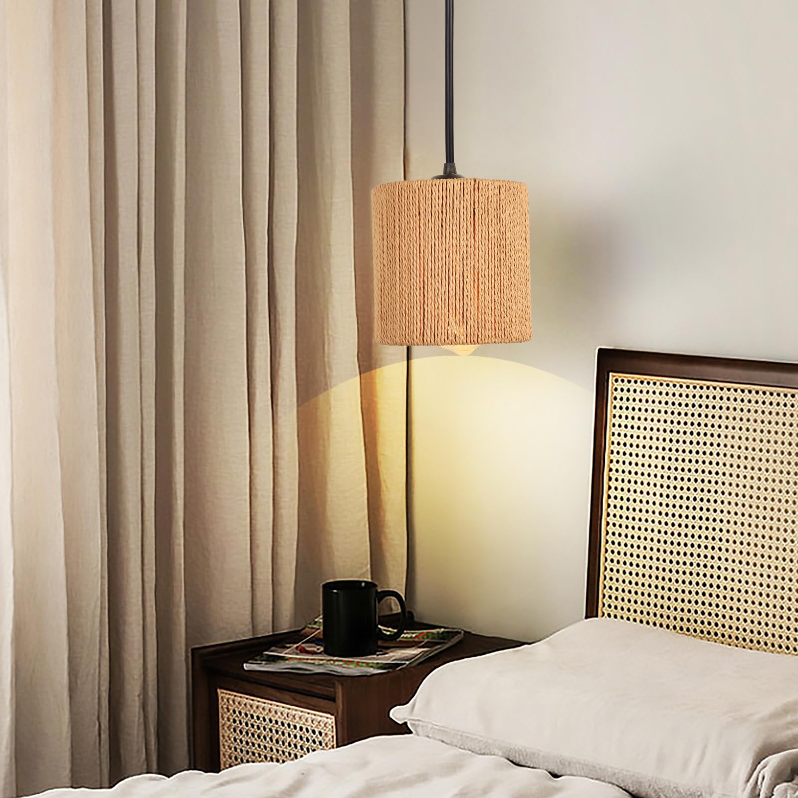 LIGINOK Retro rotan hanglamp henneptouw en hout E27