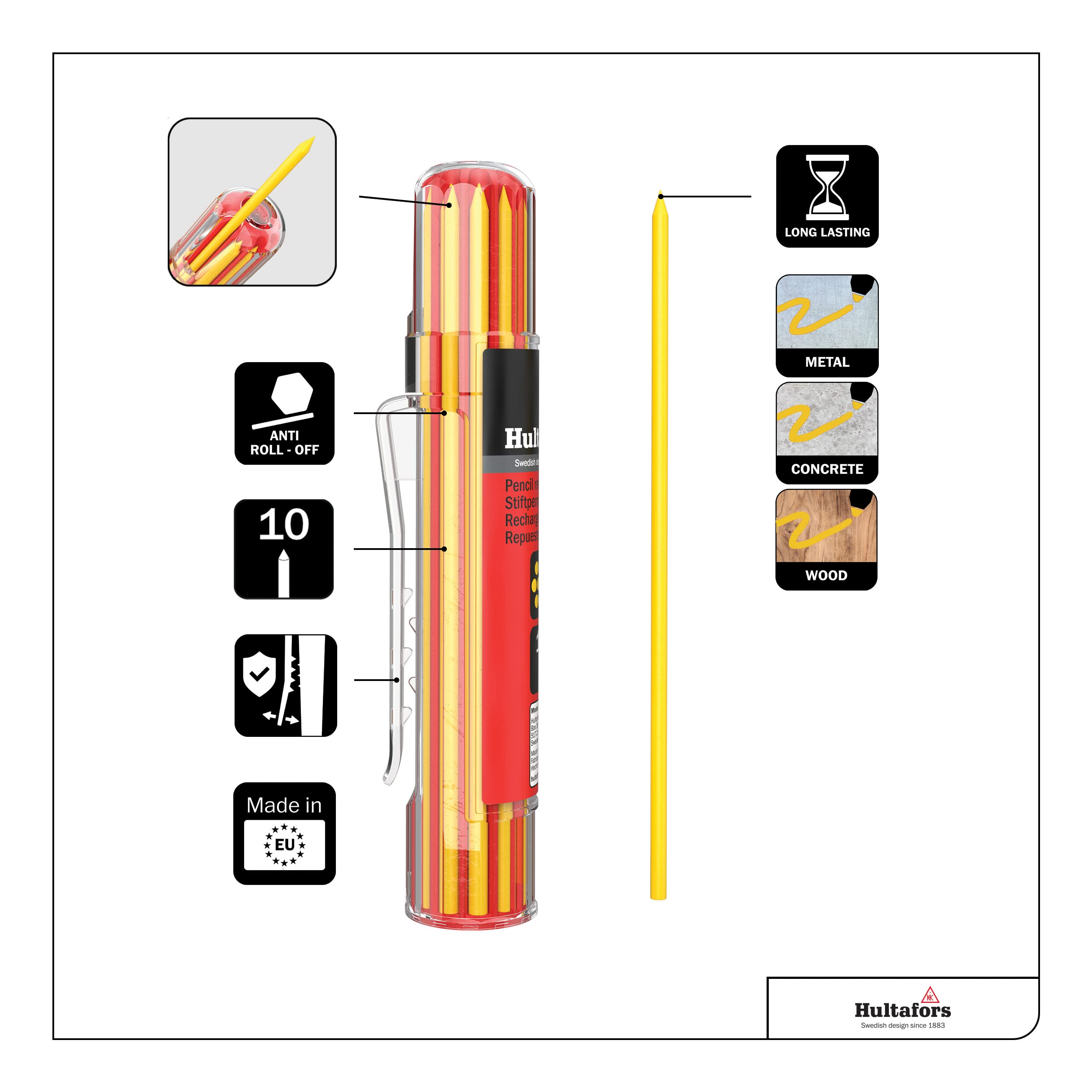 Hultafors Deep hole marker refill set yellow 10 pieces I I In a practical dispenser with clip holder I 2.8 mm universal refills for carpenter's pencil I For a variety of surfaces I 650160 - Image 3