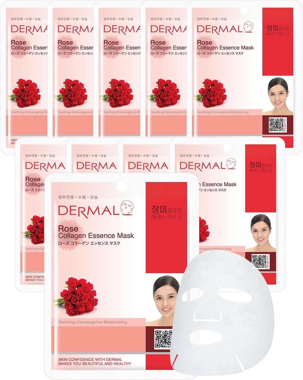DERMAL Rose Collagen Essence Korean Facial Mask Sheet Pack of 10 - Reviving Tired Skin, Soothing & Hydrating - Hypoallergenic Skin Friendly Sheet
