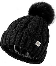 YANIBEST Womens Winter Beanie Hat Satin Lined Knitted Beanie Hat Warm Soft Ski Cuff Cap with Pom Pom