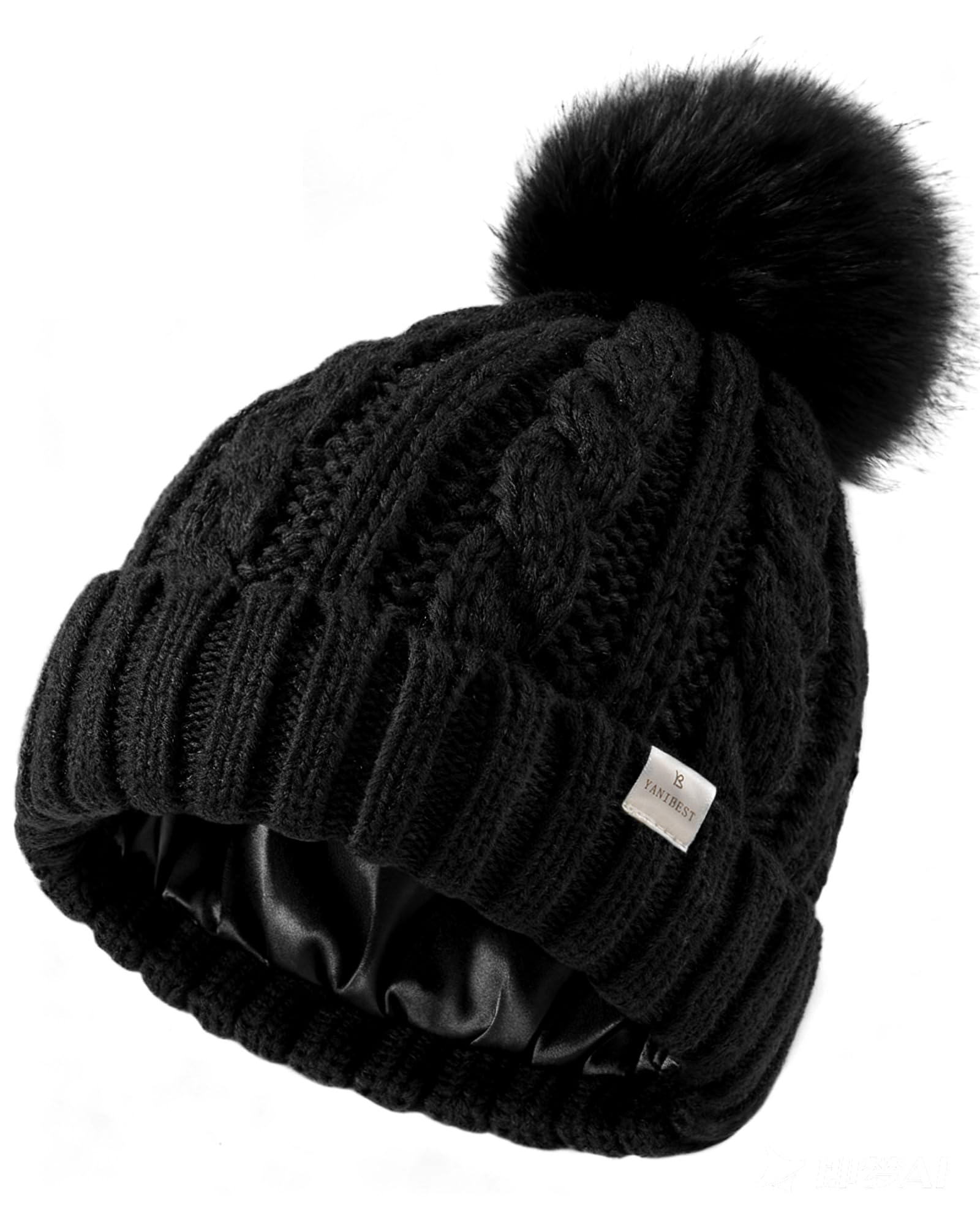 Womens Winter Beanie Hat Satin Lined Knitted Beanie Hat Warm Soft Ski Cuff Cap with Pom Pom